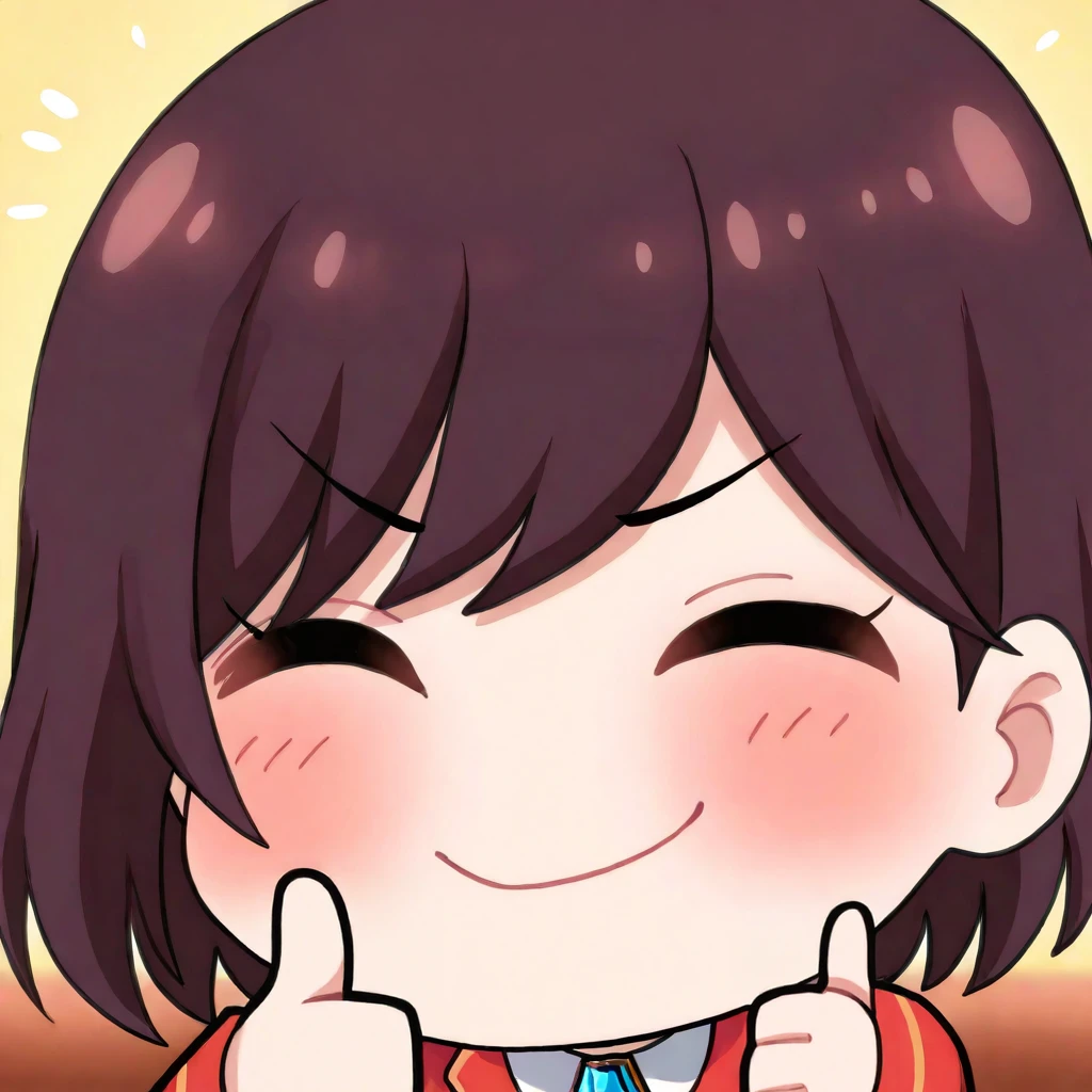 masterpiece, best quality, very aesthetic, newest, absurdres, , emote, chibi, 1girl, RA3,brown hair, short hair, red jacket, thumbs up, smile,  blush, upper body, <lora:EmoteStyleSDXL:1>,  <lora:rae-cyberfix-0.9r:1>