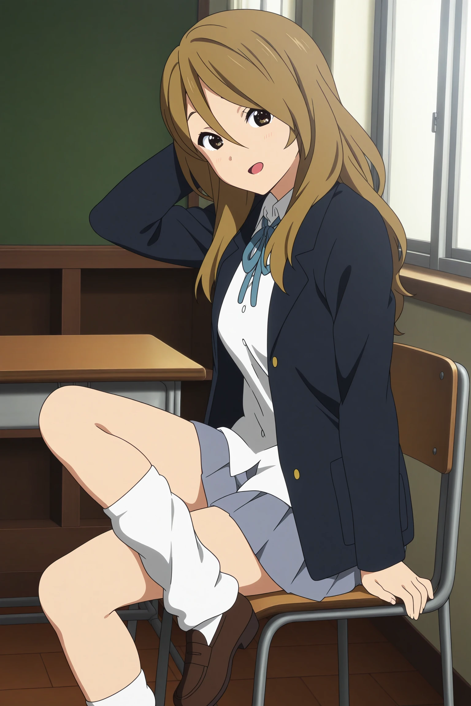 masterpiece, best quality, amazing quality, highres, absurdres, very aesthetic, high resolution, ultra detailed, perfect details, 1girl, solo, indoors, classroom, tachibana himeko, long hair, blonde hair, hair between eyes, swept bangs, black eyes, sakuragaoka high school uniform, school uniform, black jacket, white shirt, collared shirt, open jacket, untucked shirt, blue neck ribbon, grey skirt, pleated skirt, white socks, loose socks, loafers, <lora:Himeko_Tachibana_ILXL:0.8>, (aged up:1.6), (foot out of frame:1.4), smile, anime coloring, anime screencap, (pose:1.3), open mouth, sitting, chair, from side, from above