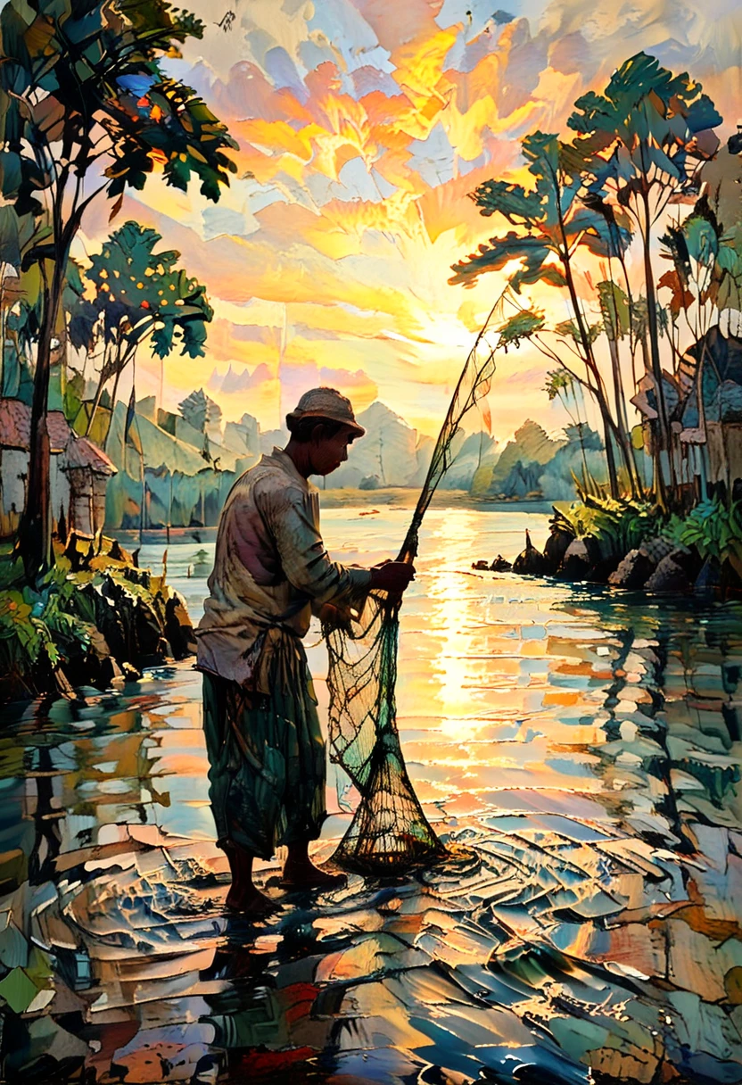 A Sundanese fisherman casting his net into a calm river at sunrise, Sundanese Everyday Life,in memadukan_painter art style, <lora:Memadukan_Brush_Strokes_of_Fineart_SDXL:1.0>, memadukan_painter, Brush Strokes, Impasto