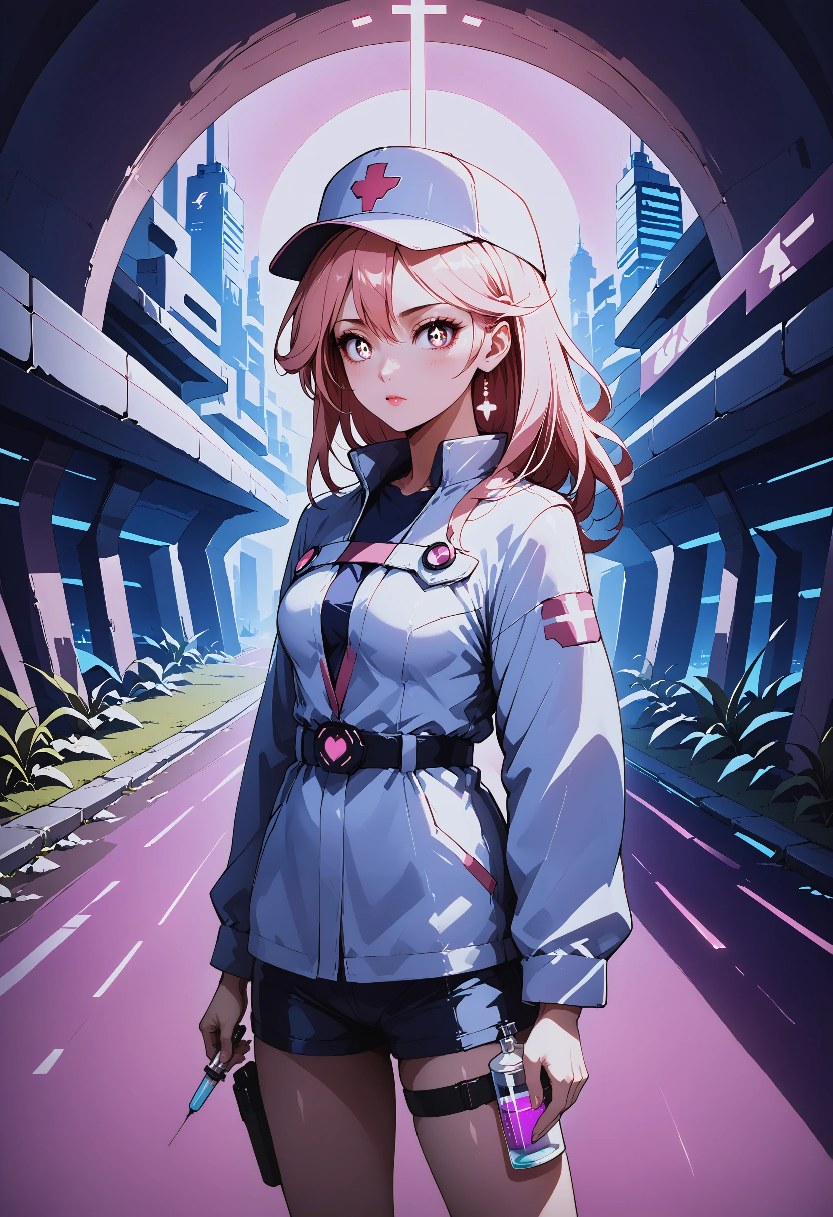 masterpiece, best quality, newest, absurdres, highres, 
injection_fairy_lily, 1girl, tunnel,  baseball_cap, pink eyes, holding_syringe, syringe_holster, samurai_jacket_\(cyberpunk\), air_jordan_1,