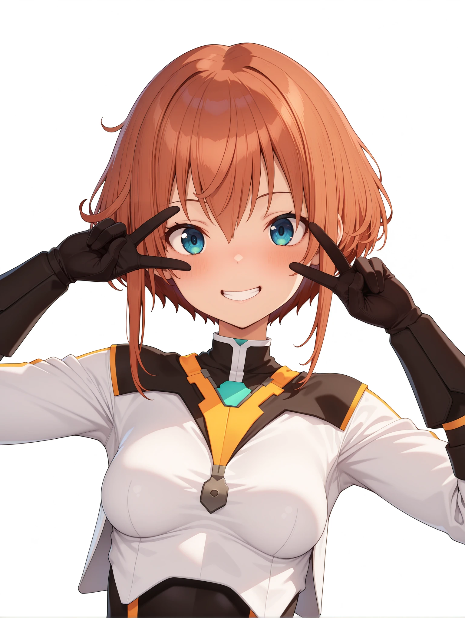 masterpiece,best quality,amazing quality,
solo,1girl,
<lora:sugumi_ilxl_v1.2:1>,sugumi,ptarmigan,long_sleeves,black gloves,
<lora:Fixhands_anime_bdsqlsz_V1:1>,dynamic_angle,cinematic_angle,simple_background,white_background,face_focus,grin,light_blush,looking_at_viewer,smile,upper_body,v over eye,