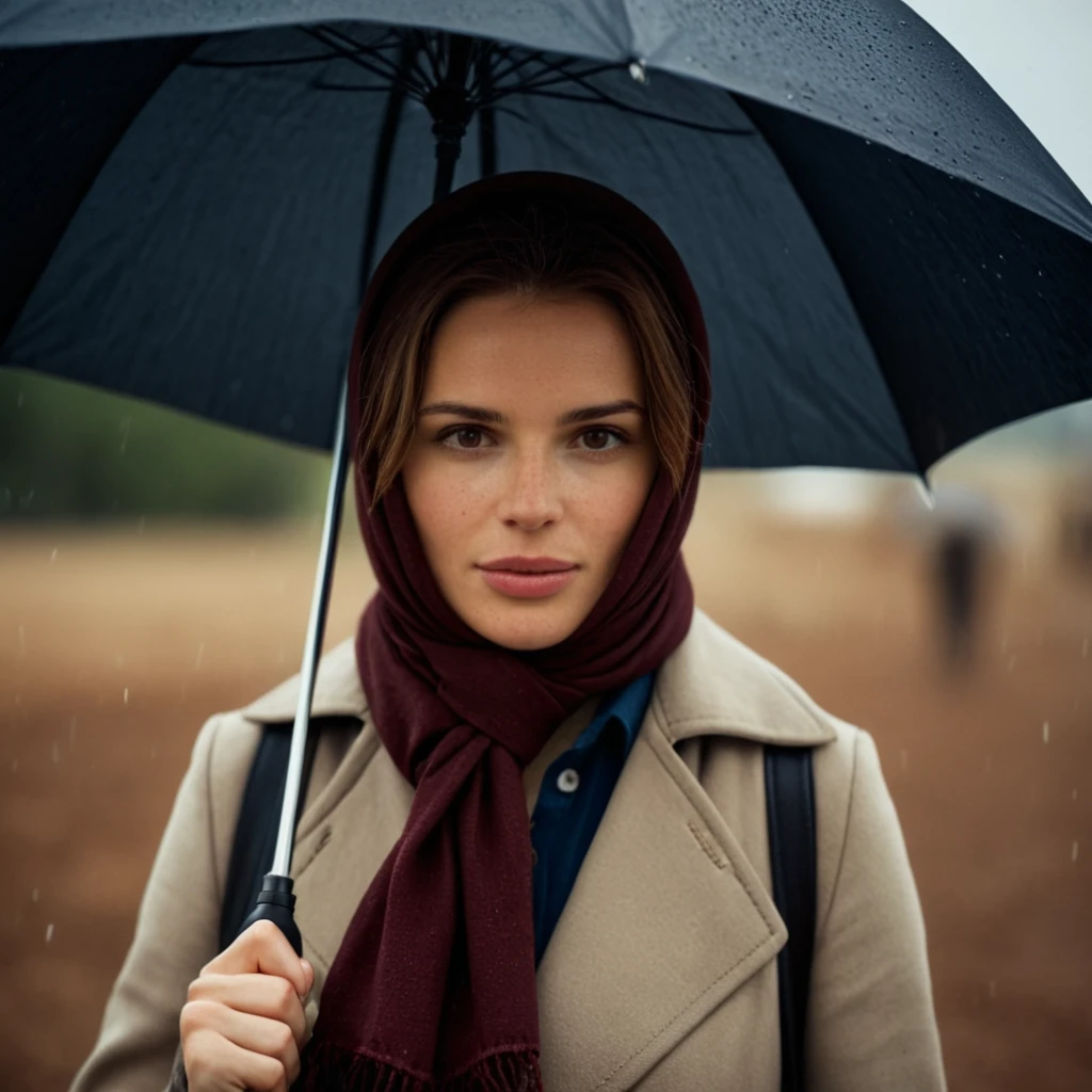 cinematic film still of  <lora:scarf style xl v1:1>
scarf a very beautiful woman with a scarf on holding an umbrella, scarf style, solo, looking at viewer, shirt, brown hair, brown eyes, parted lips, teeth, mole, scarf, helmet, portrait, freckles, mask pull, photorealistic, medium shot, portrait, shallow depth of field, vignette, highly detailed, high budget, bokeh, cinemascope, moody, epic, gorgeous, film grain, grainy