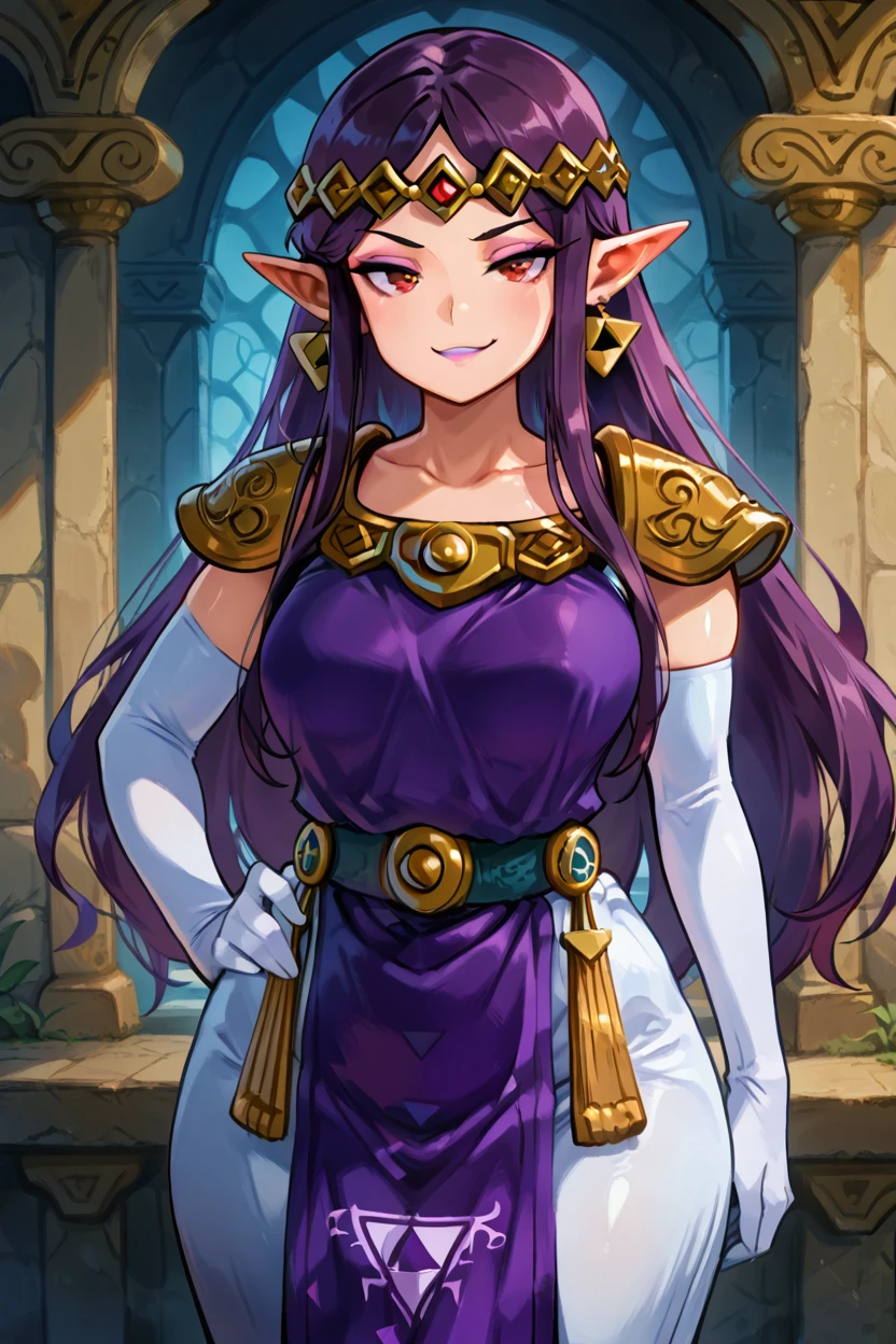 masterpiece, best quality, solo, curvy, beautiful eyes,,<lora:HildaZeldaIXL:1.0>, zzHilda, red eyes, purple hair, long hair, pointy ears,  tiara, white gloves, dress, elbow gloves, jewelry, makeup, earrings, purple tabard, triforce, shoulder armor, tiara,cowboy shot, hand on hip, smug, smile, looking at viewer, shiny skin,