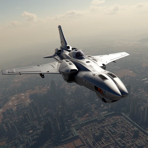 xzx Merlin style Spaceship, a silver jet flying over a city in a video game style video game