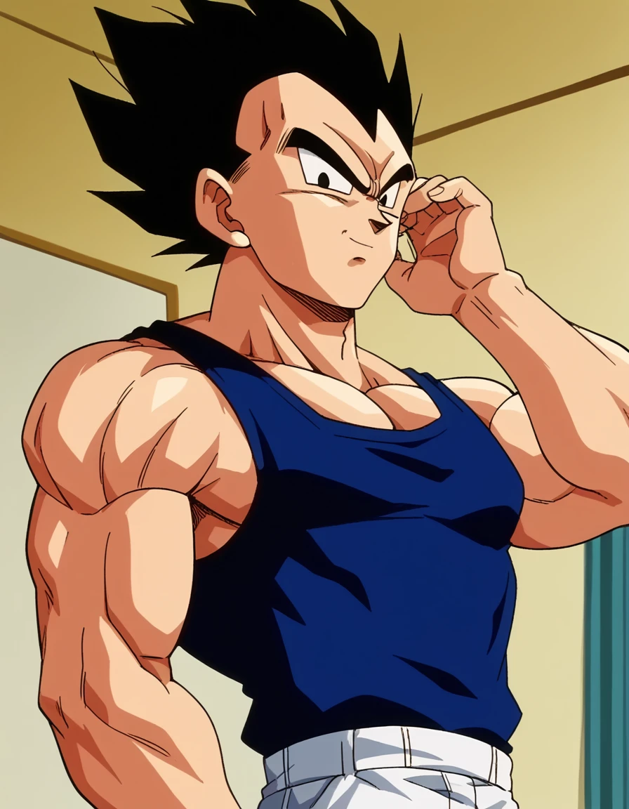 score_9, score_8_up, score_7_up, source_anime, <lora:vegeta-anime-ponyxl-lora-nochekaiser:1>, vegeta, black hair, male focus, black eyes, muscular, muscular male, spiked hair, retro artstyle, anime screencap, tank top, pants,, hotel, rooms, lobby, guests, beds, , <lora:tucking-hair-ponyxl-lora-nochekaiser:1>, tucking hair, adjusting hair, hand on own hair, hair behind ear,, looking at viewer, solo,, dutch angle, cowboy shot