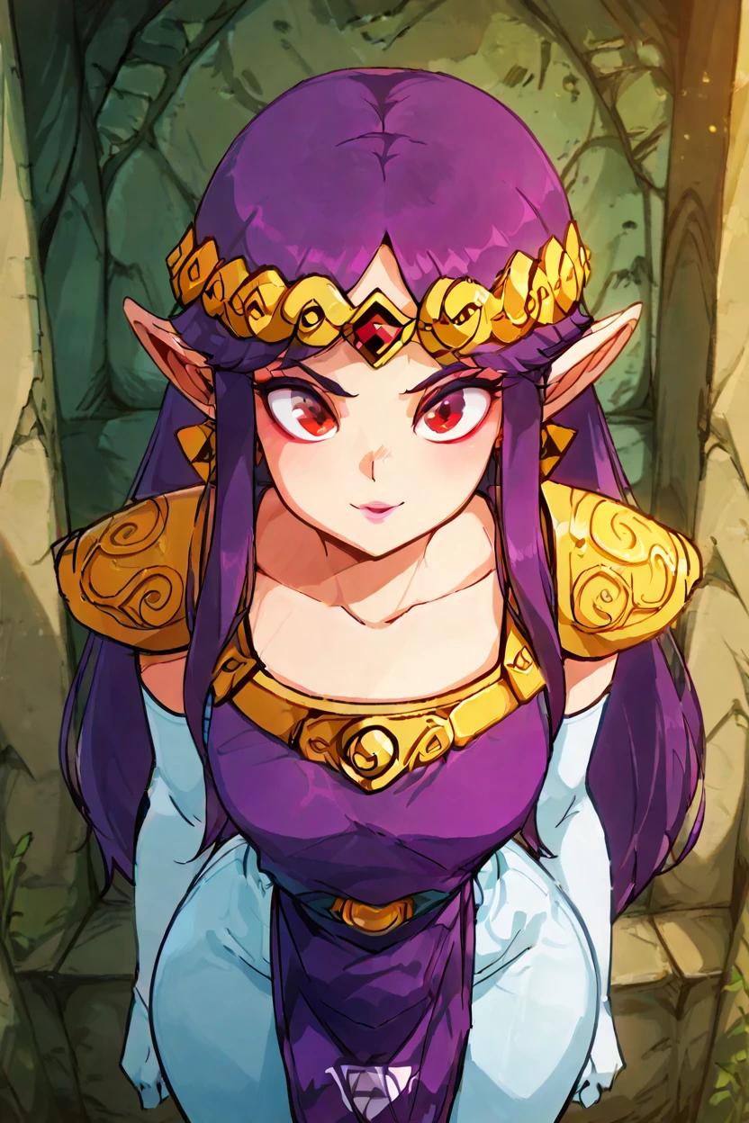 masterpiece, best quality, solo, curvy, beautiful eyes,,<lora:HildaZeldaIXL:1.0>, zzHilda, red eyes, purple hair, long hair, pointy ears,  tiara, white gloves, dress, elbow gloves, jewelry, makeup, earrings, purple tabard, triforce, shoulder armor, tiara,from above, dynamic pose, cowboy shot, smile, looking at viewer, shiny skin,<lora:DiivesIXL:1.0>,