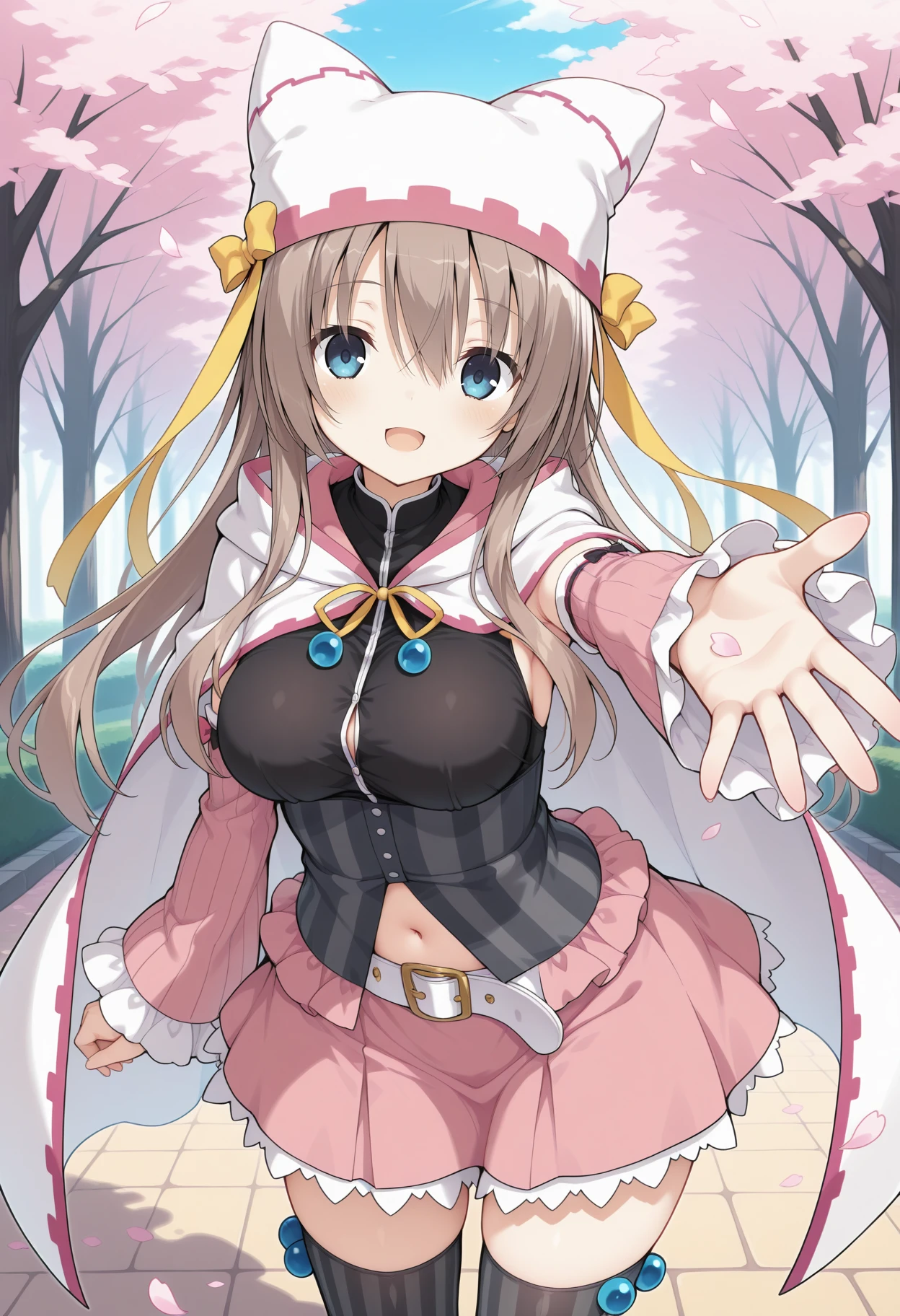 1girl, aatsumugi, long hair, brown hair, hat, white headwear, yellow ribbon, blue eyes, breasts, white cape, frills, black shirt, detached sleeves, long sleeves, navel, white belt, frilled skirt, pink skirt, vertical-striped thighhighs, <lora:shiiba_tsumugi_ilxl_v1:0.9>, standing, cowboy shot, outdoors, smile, open mouth, reaching, petals,
masterpiece, best quality, amazing quality,