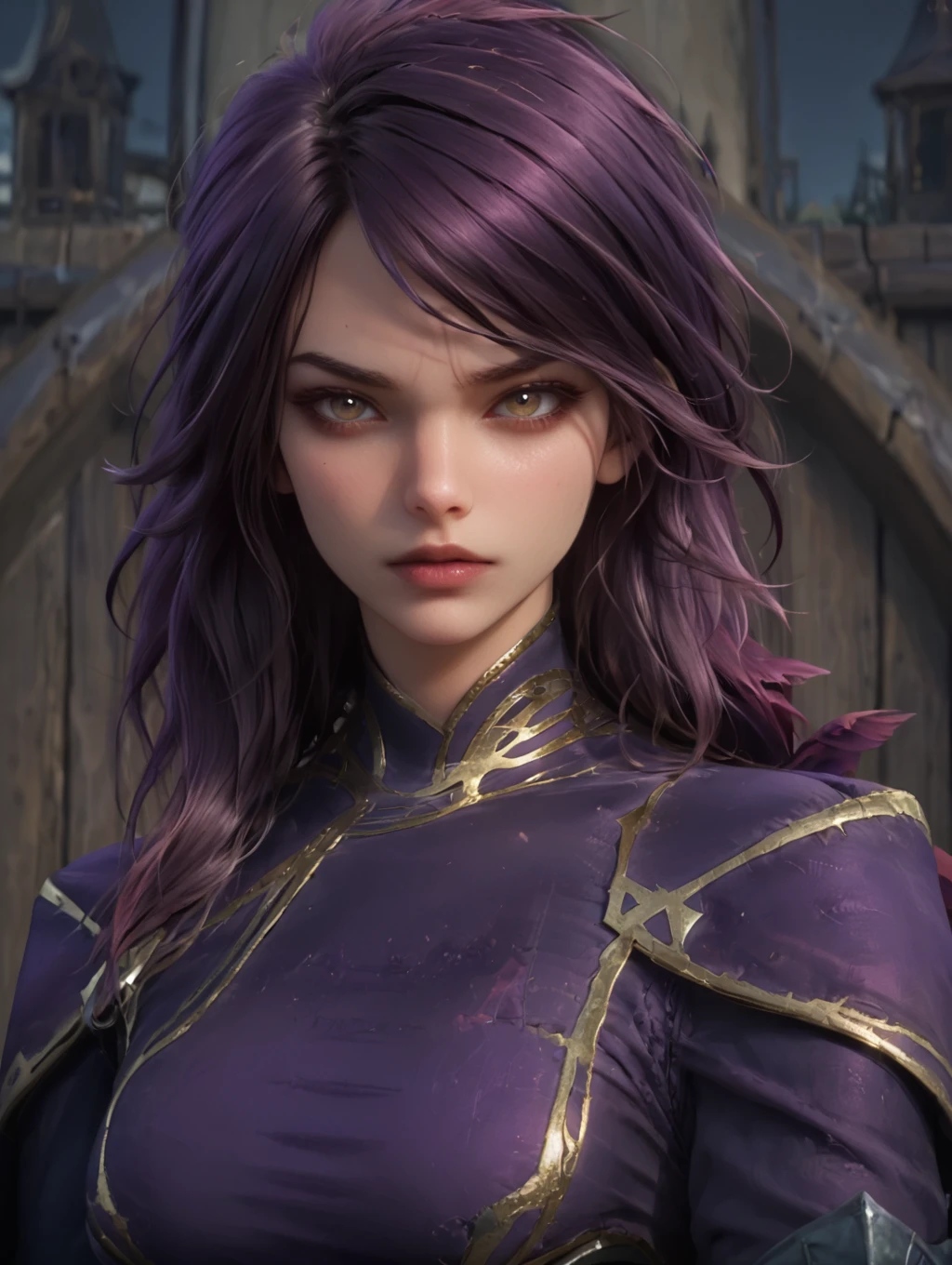 1girl, morganalol, wavy purple hair, purple eyeliner, ((official morgana_(league_of_legends) purple armored dress)), (close up:1.4), face portrait,