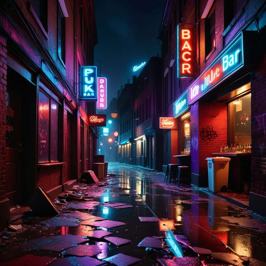 A dark and grimy alleyway behind a dance bar at night, illuminated by dim, flickering neon lights in shades of red and purple. The alley is narrow and lined with aged, graffiti-covered brick walls. Scattered trash and puddles reflecting the dim light create a gritty atmosphere. The scene feels damp and unwelcoming, with faint traces of smoke and steam rising from a nearby vent. Broken glass and discarded items litter the uneven ground. The distant hum of a neon sign and faint sounds of music leaking from the bar add to the urban, moody ambiance of the night.
<lora:SDXLFaeTastic2400:0.4> <lora:extremely_detailed:0.4> extremely detailed, Masterpiece,best quality,hi res,8k,hi res,8k,award winning,(sharp focus, intricate, highly detailed),