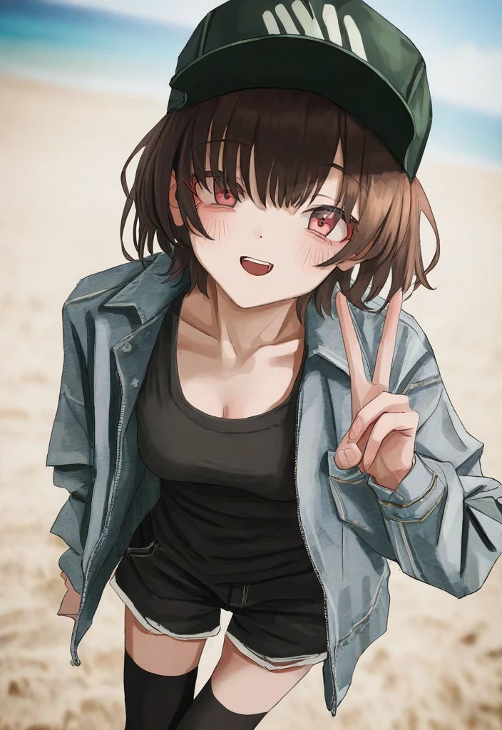 1girl,
GSHKI, red eyes, brown hair, short hair, v, green baseball cap, black shirt, grey jacket, black shorts, sunny, beach, blurred background, smile, dutch angle, collarbone, standing, ponytail, hat, black headwear, thighhighs, jacket, solo, long sleeves, day, :d, outdoors, baseball cap, looking at viewer, cleavage, shorts, open mouth, breasts, alternate costume, shirt, photo background, medium breasts,
masterpiece, best quality, very aesthetic, newest, absurdres
<lora:Rae-1.0:1> <lora:Gshiki:1>