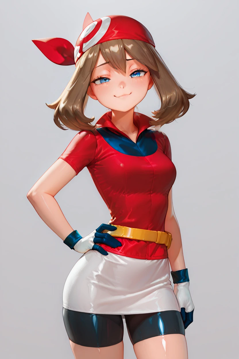 masterpiece, best quality, 1girl, solo, beautiful eyes, zzMay, may (pokemon), solo, brown hair, blue eyes, medium hair, red shirt, bike shorts, red bandana, red shirt, gloves, white miniskirt, yellow belt, <lora:MayPokemonIXL_v2:1.0>, <lora:BeautifulPeaches:1.0>, cowboy shot, hand on hip, smug, smile, looking at viewer, shiny skin,