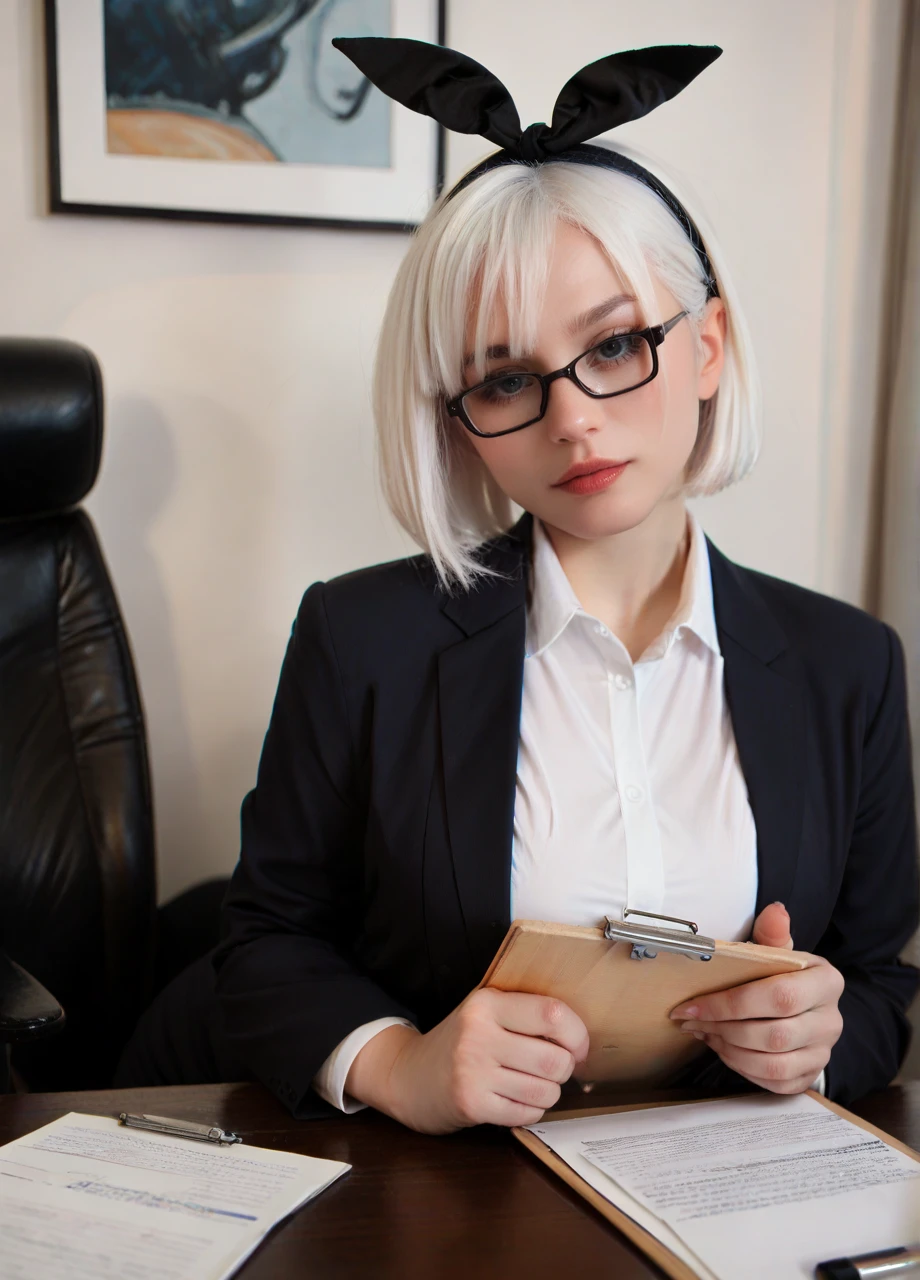 <lora:Cosplay_Shadory-PONY:0.8> shadorycos, 1girl, solo, 2B, office room, desk, white hair, short hair, black hairband, black framed eyewear, white shirt, black blazer, holding clipboard, looking at viewer, photo, score_8_up, score_7_up, score_6_up, score_5_up, score_4_up,