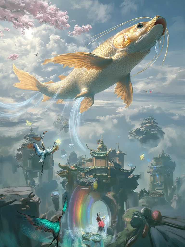 Use an Eastern aesthetic style. A massive golden carp swims through the air above an endless sea of clouds, its fins trailing streams of cherry blossoms. The fish's scales each contain a tiny world, showing different seasons and times of day. Below, floating islands of ancient temples drift by, their wind chimes playing music that creates visible waves of color. Spirit cranes with rainbow feathers dance through gates made of pure moonlight, while jade butterflies carry messages between the mortal and immortal realms.