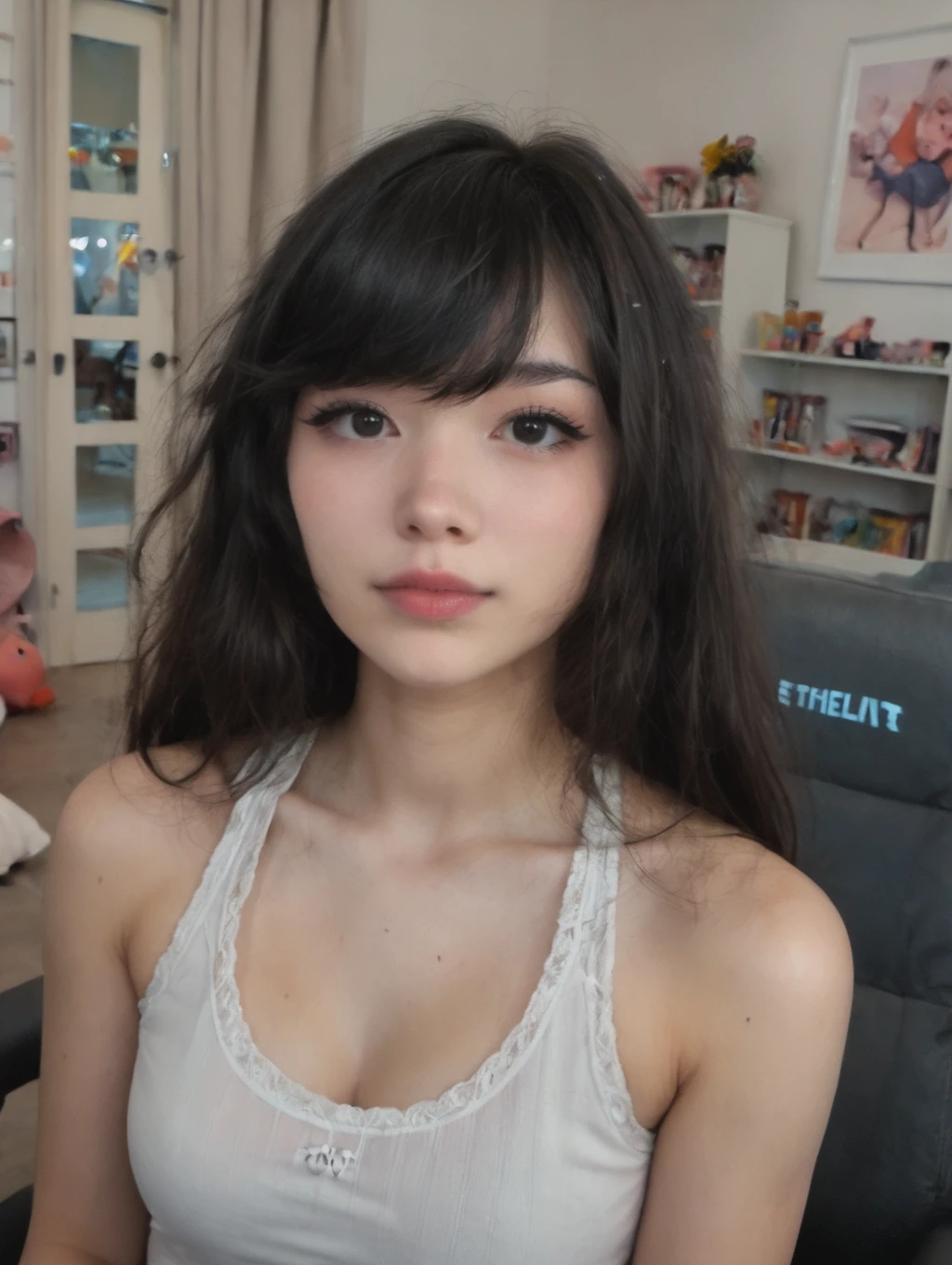 1girl, emirulol, emiru (twitch streamer), black hair bangs, black eyes, dark eyelashes, <lora:EmiruPonyV2:0.9>
looking at viewer,