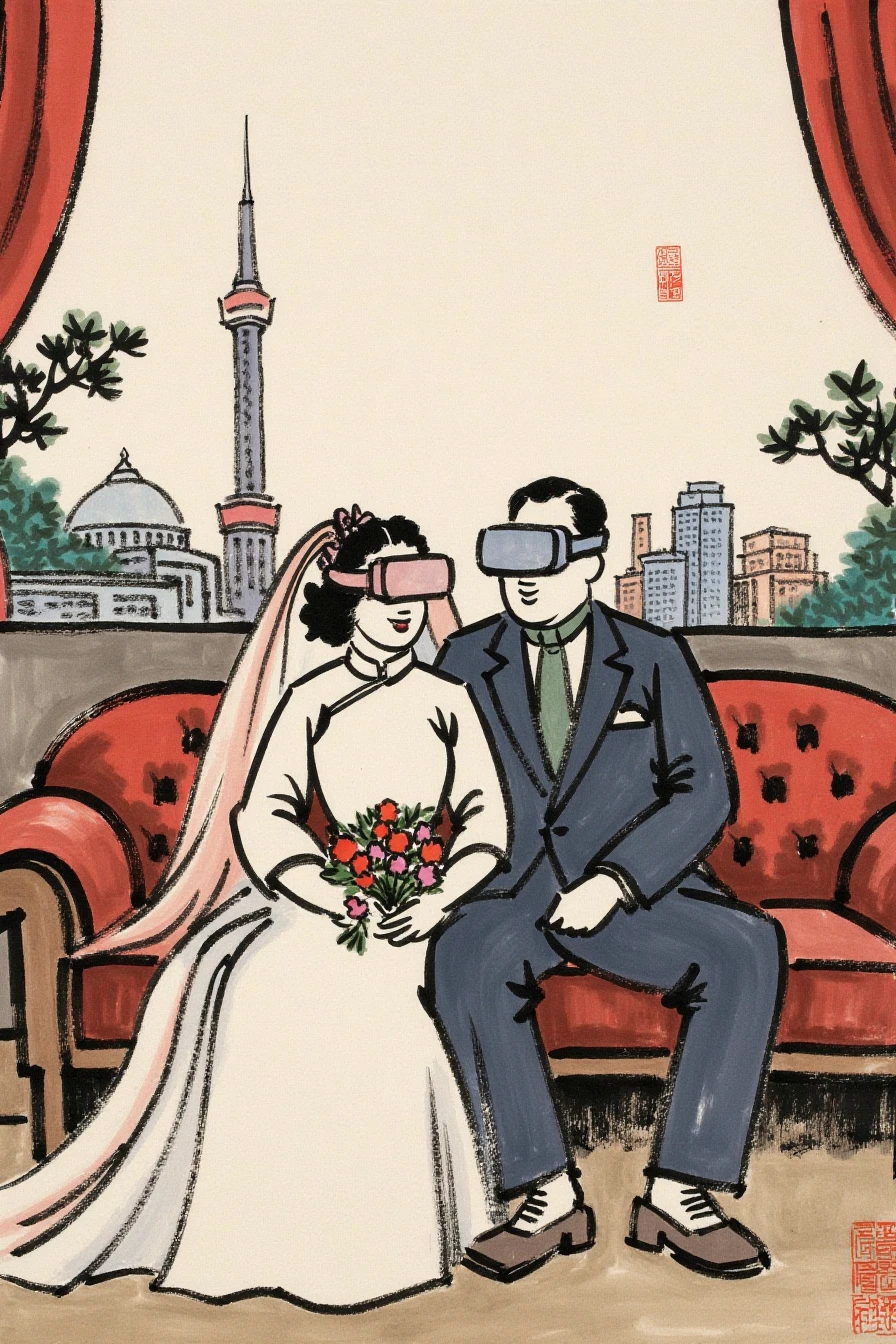 fengzikai, Chinese ink painting. Chinese newlyweds sitting together on a vintage leather sofa, the background is a retro futuristic cityscape, whimsical scene, they both wearing VR goggles, the bride is in old-fashioned wedding dress and veil, the groom is in suit, whimsical, they look so happy and enjoying the movie in the VR goggles, in the style of 1980s shanghai, 