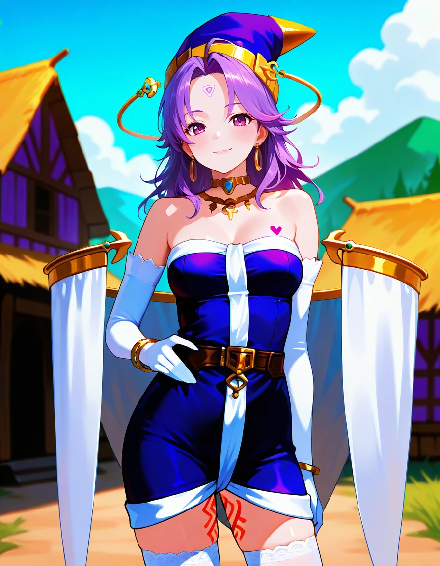 <lora:so2celine_SDXL_Illustrious01_fp16_ver01:1>,so2celine, 1girl,solo,thighhighs, jewelry, gloves, elbow gloves, pointy hat,purple hair, purple eyes,forehead mark,leg tattoo,heart tattoo,earrings,thighhighs,bare shoulders,floating curtain ornament, upper body, smile,hand on own waist,village, masterpiece, best quality, very aesthetic, absurdres,<lora:detailed_hands:1>,hand