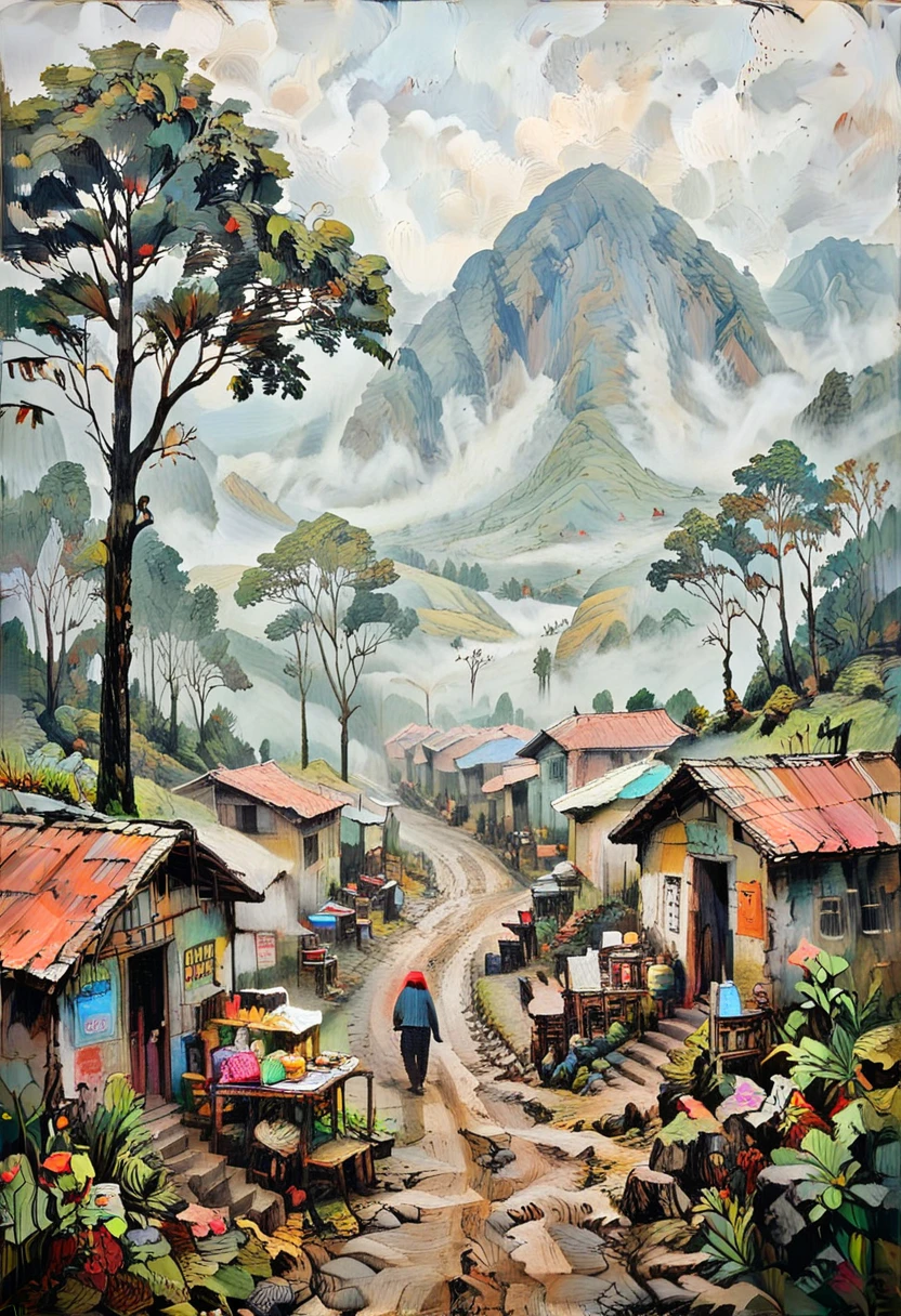 A foggy mountain trail in the Sundanese highlands, dotted with small warungs (cafes), Sundanese Nature and Landscapes,in memadukan_painter art style, <lora:Memadukan_Brush_Strokes_of_Fineart_SDXL:1.0>, memadukan_painter, Brush Strokes, Impasto