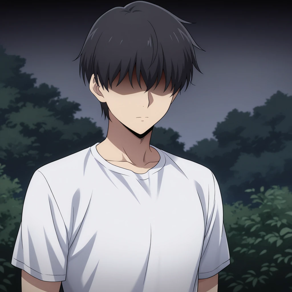 masterpiece, best quality, HMC, faceless, shaded face, 1boy, solo, black hair,  short hair, white shirt, upper body,  <lora:HMainCharacter_illustrious_Leaf1:1>, outdoors, anime screenshot,