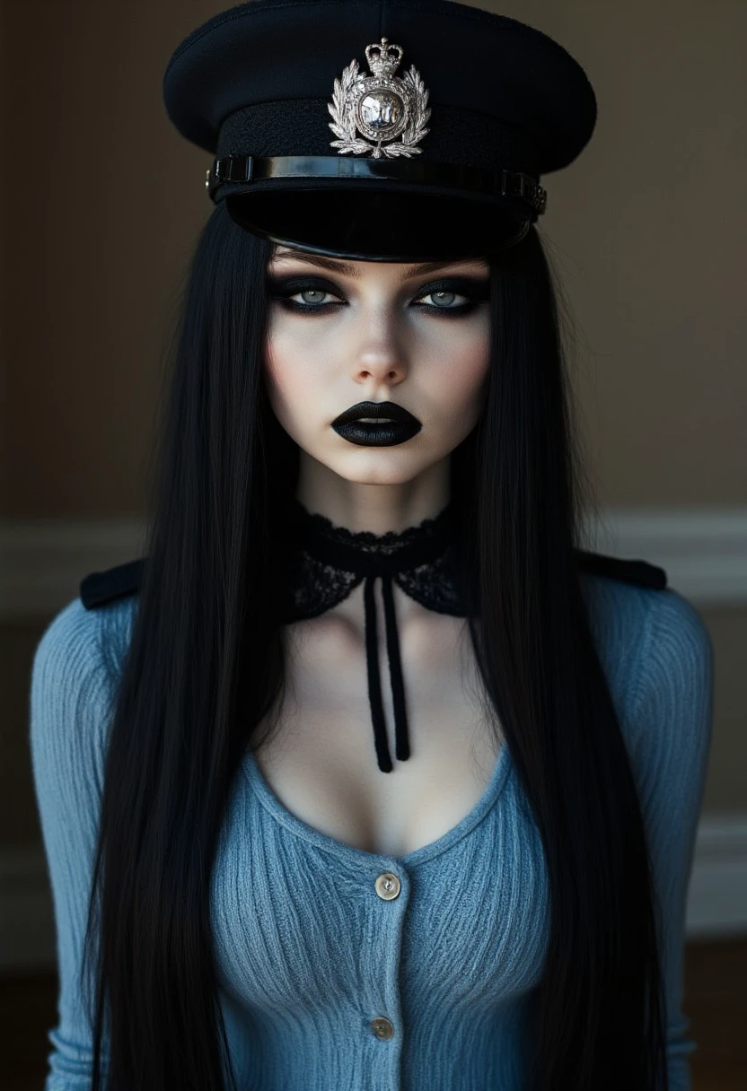 FictionalCrystal, a goth girl with heavy black eye makeup and black lipstick. wearing a police uniform, showing cleavage