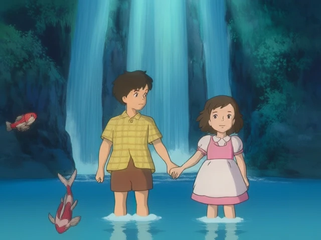 A scene from a Studio Ghibli animated film, featuring a young boy and girl holding hands, as they explore a hidden waterfall in the afternoon, under a canopy of sunlight streaming through the trees, with colorful fish swimming in a crystal-clear pool, while the camera captures them from a distance, emphasizing discovery and friendship.