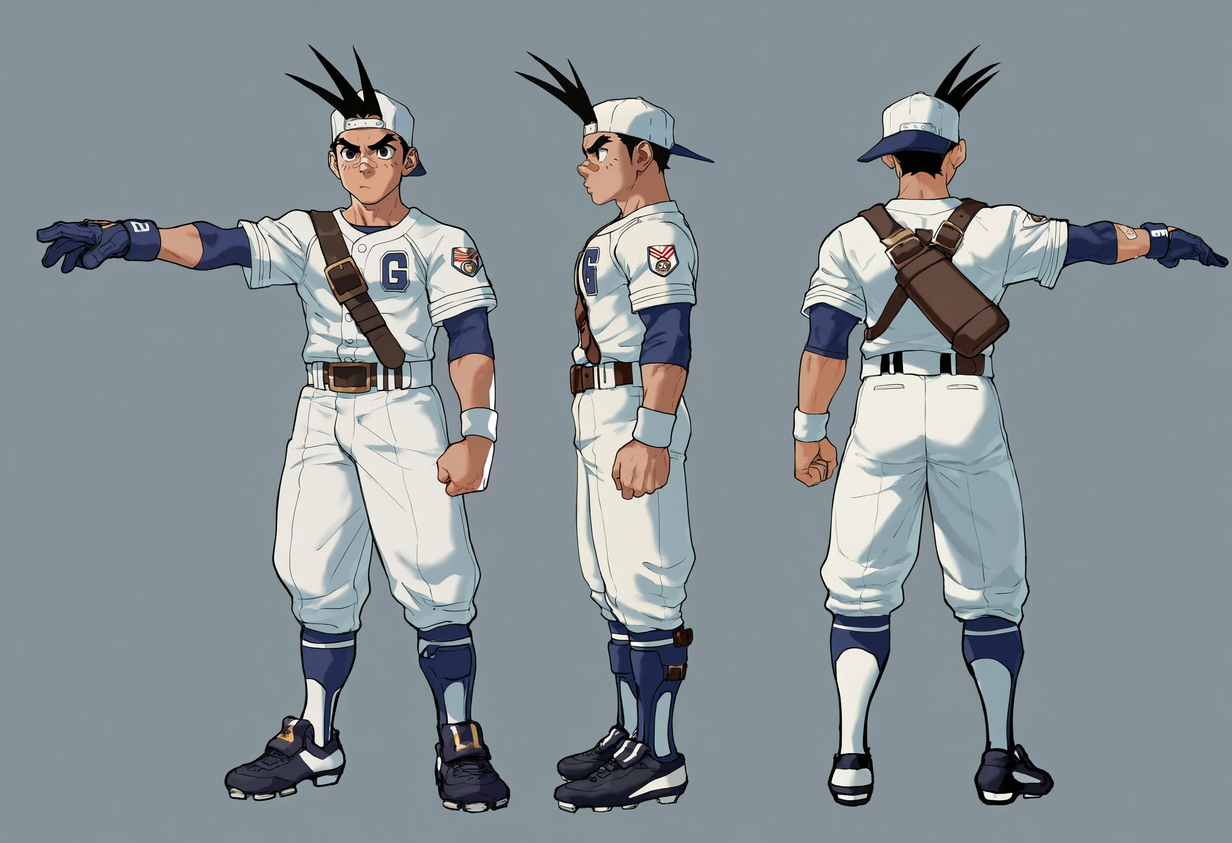 masterpiece, best quality, newest, absurdres, highres, very awa, 1boy, male, male focus, sawamura shouma, hair through headwear, backwards hat, bandaid on nose, baseball uniform, belt, one glove, wristband, reference sheet, multiple angles, turnaround, full body