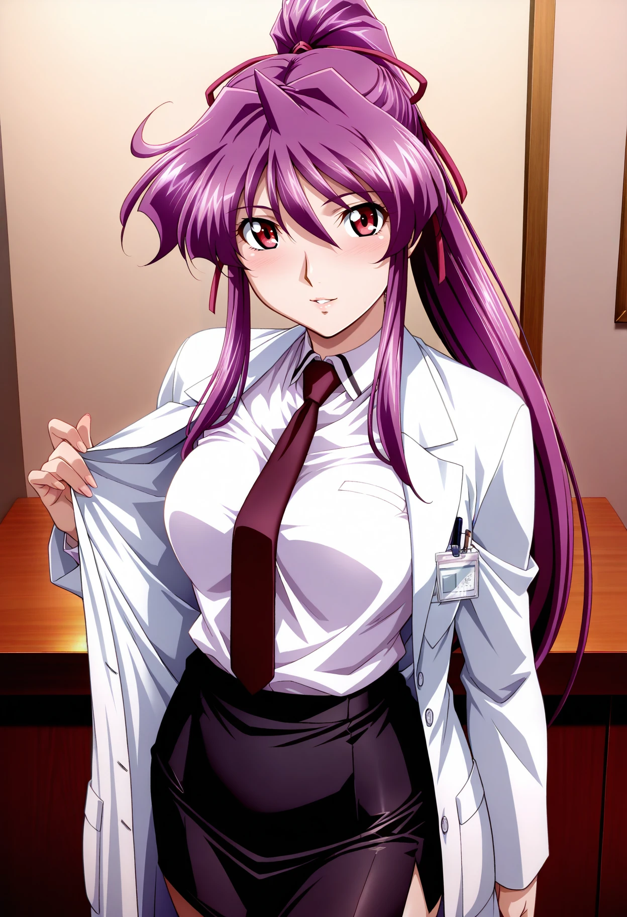 masterpiece,best quality,  innaikaji, 1girl, solo,high ponytail, long hair, purple hair, hair ribbon, red eyes, lab coat, dress shirt, white shirt, necktie, pencil skirt, black skirt, long sleeves, medium breasts,blush, light smile, parted lips  looking at viewer, standing, office room,  <lora:innaikaji_2_IL-000007:0.95>