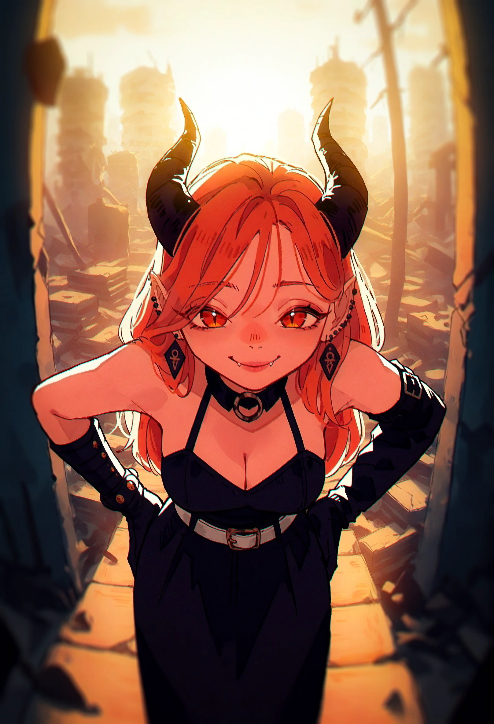 very awa, masterpiece, highres, absurdres, newest, year 2024, year 2023,
slit pupils, from above, (perspective:1.1), (fisheye:1.1), (vanishing point:1.1),
1girl, solo, concept art, cowboy shot, demon girl, succubus, demon horns, hands on own hips, leaning forward, smile, fangs, nose, lips, orange eyes, half-closed eyes, smug, thick eyelashes, black sundress, white belt, asymmetrical gloves, mismatched earrings,
detailed background, backlighting, ruins, outdoors,
<lora:tsubura-noobxl:0.9> <lora:AESTX:0.7> aestx, <lora:ponyv5_noobV065S_1_adamW:0.3> <lora:spo:1>