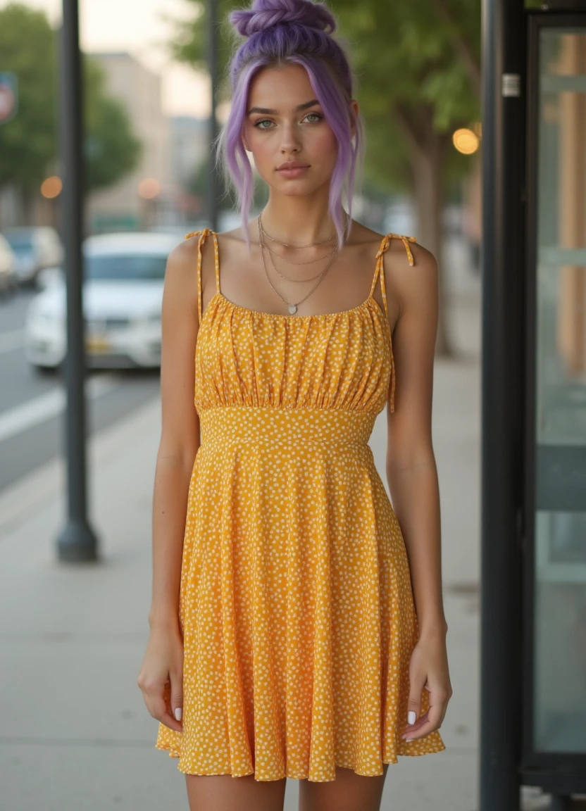 full body 8k cinematic photo of a serious young woman with purple hair wearing a short yellow sundress with tiny white polka-dots, yellowsundress, hair pulled back into a single messy bun with loose strands of hair framing her face, blue eyes, bare legs, standing at a bus stop
