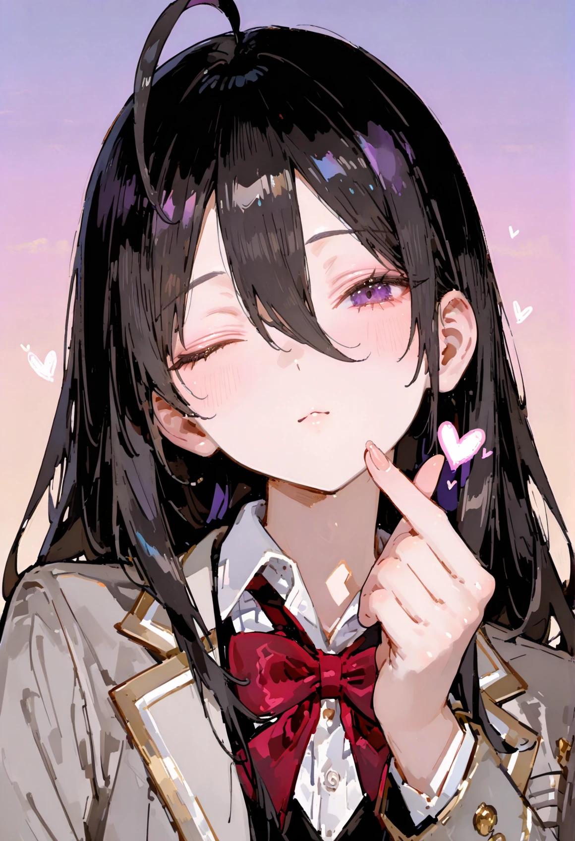 masterpiece,best quality,good quality,very aesthetic,absurdres,newest,looking at viewer,
one eye closed,head tilt,finger heart,heart,portrait,blueviolet background,gradient background,
1girl,solo,long hair,black hair,hair between eyes,ahoge,purple eyes,school uniform,blazer,jacket,grey jacket,red bow,dress,AyanoKimishima Cyql,
<lora:spo_sdxl_10ep_4k-data_lora_webui:0.5>,<lora:EtherSDXL:0.7>,EtherStyle,<lora:748cmSDXL:1>,748cmstyle,<lora:Ayano Kimishima_Illustrious by Cyql:1>,