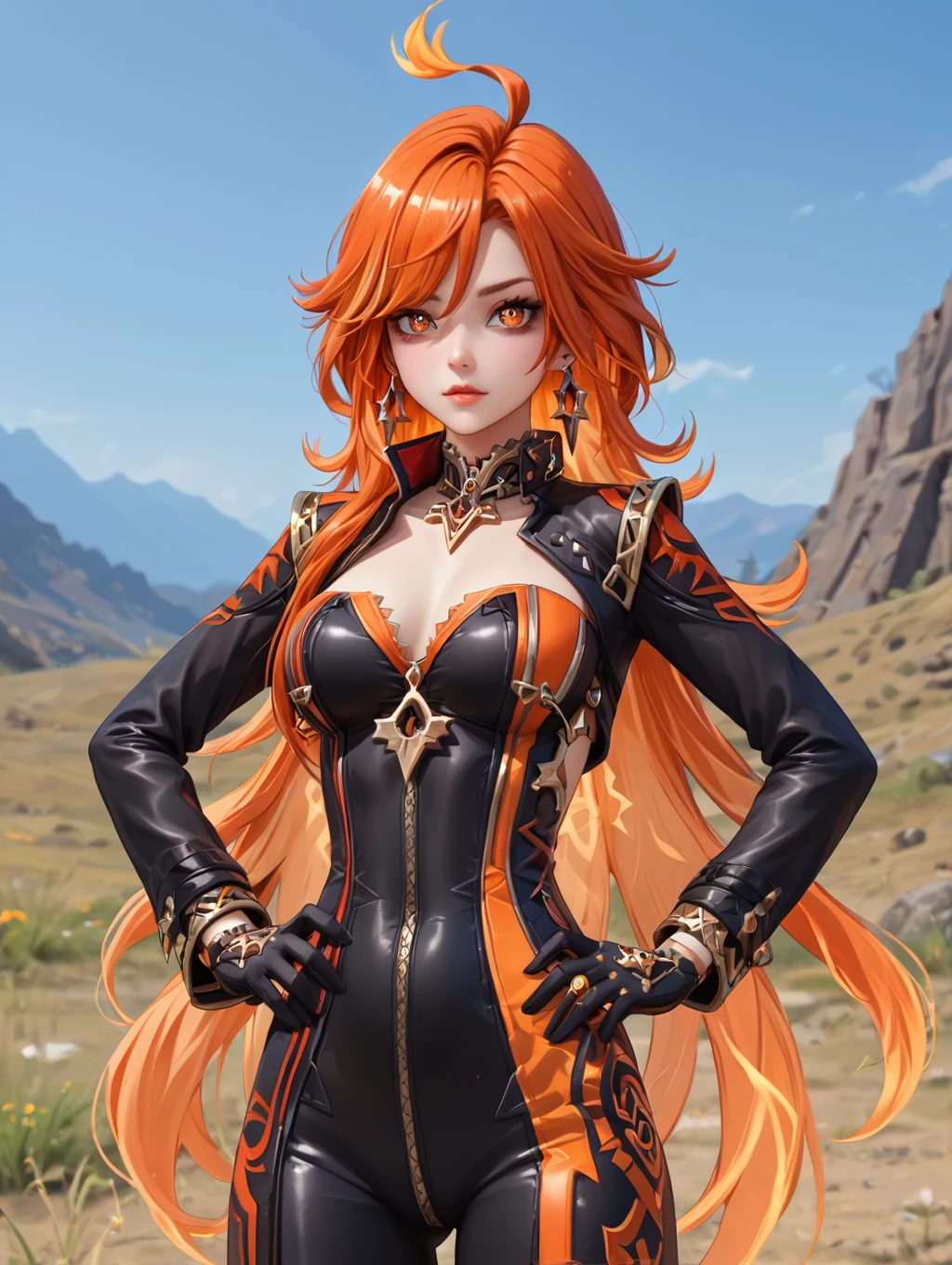 1girl, mavuika (genshin inpact), mavuika, (official mihoyo), (genshin inpact), orange burning hair, simbol eyes, tight leather outfit, <lora:MavuikaPony:0.6>
looking at viewer, hands on hip,