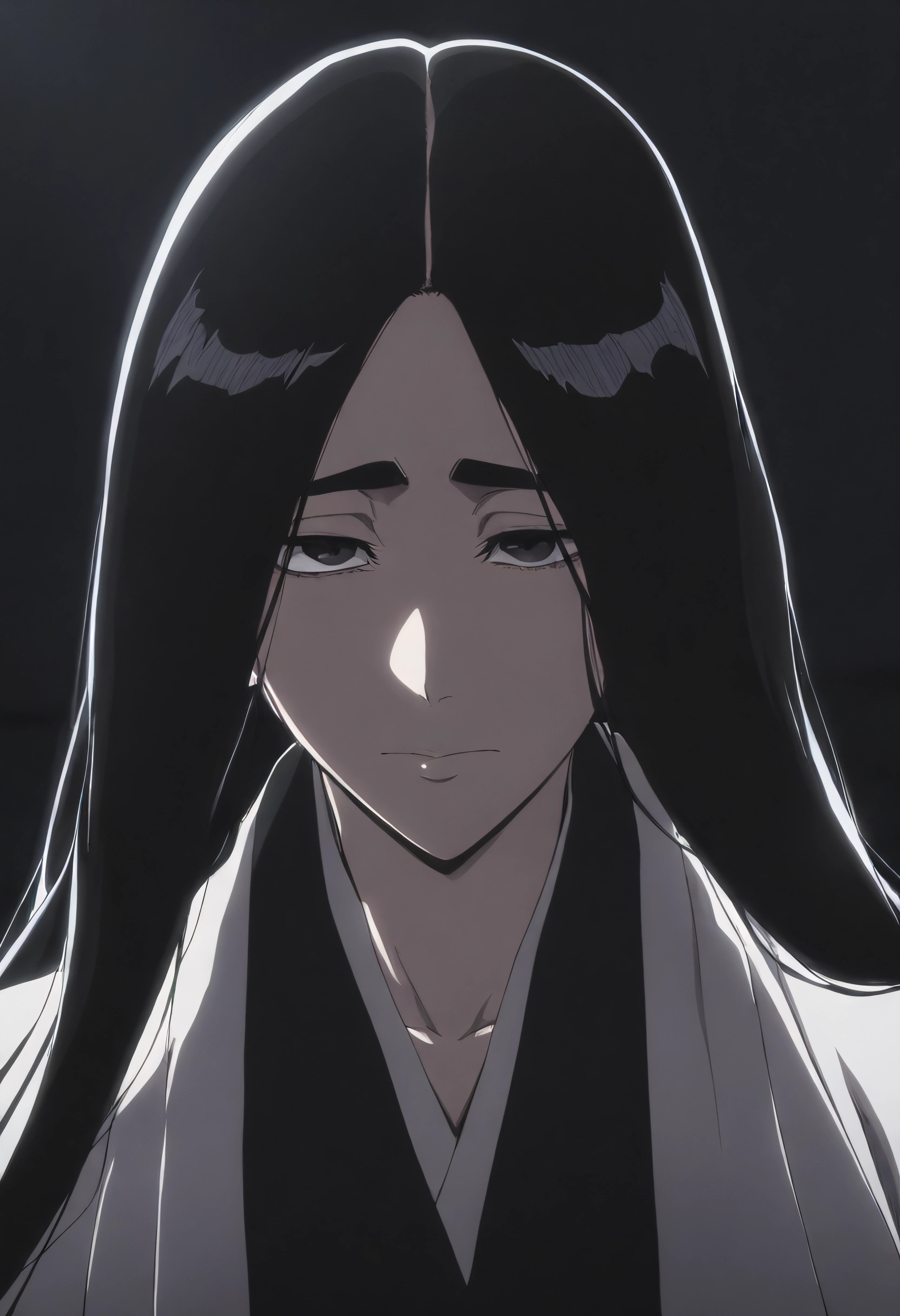 masterpiece, best quality, amazing quality, very aesthetic, absurdres,  newest, (scenery, volumetric lighting), 1girl, unohana retsu, solo, long hair, looking at viewer, black hair, closed mouth, thick eyebrows, black background, portrait, vslinxbleachtybw style