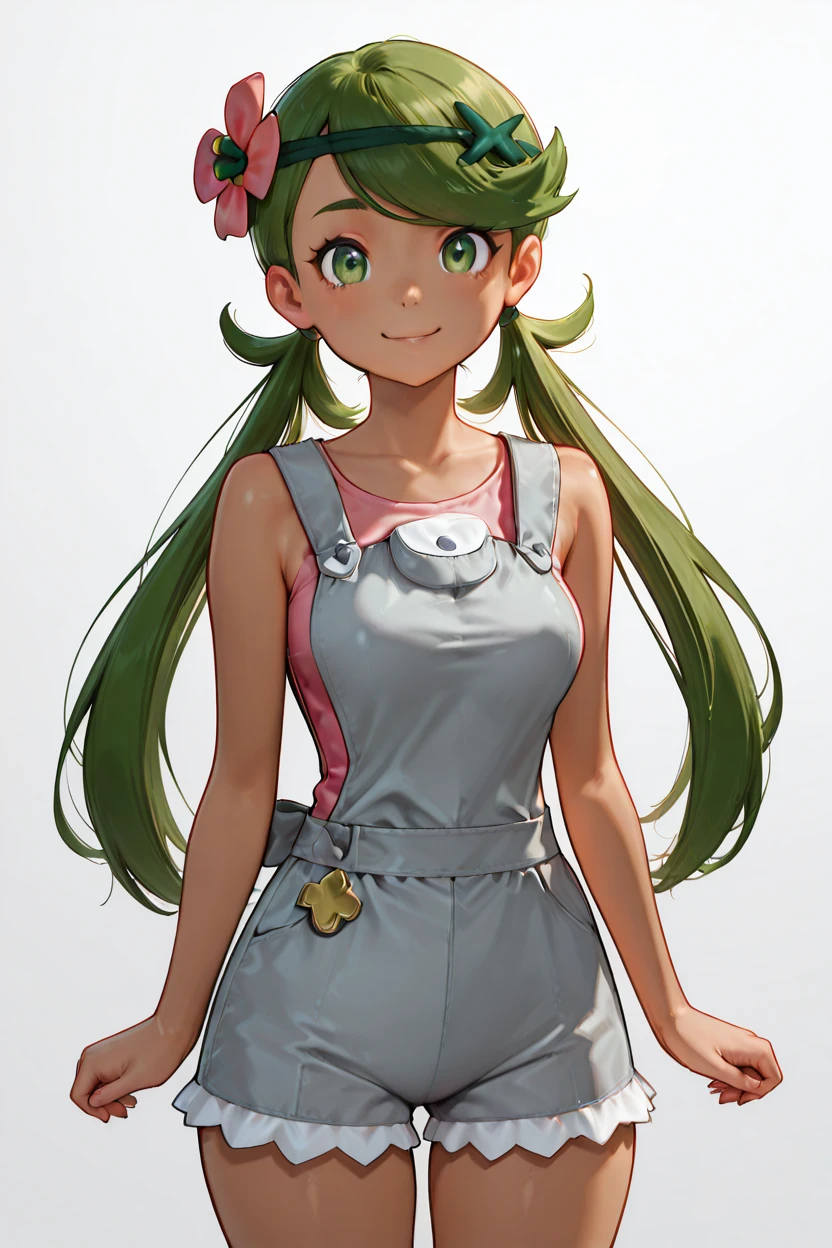 masterpiece, best quality, medium breasts, BREAK, zzMallow, green hair, green eyes, hair flower, hair ornament, grey overalls, pink shirt, sleeveless, grey shorts, <lora:MallowPokemonIXL_e09:1.0>,smile, looking at viewer, cowboy shot,   <lora:BeautifulPeaches:1.0>,