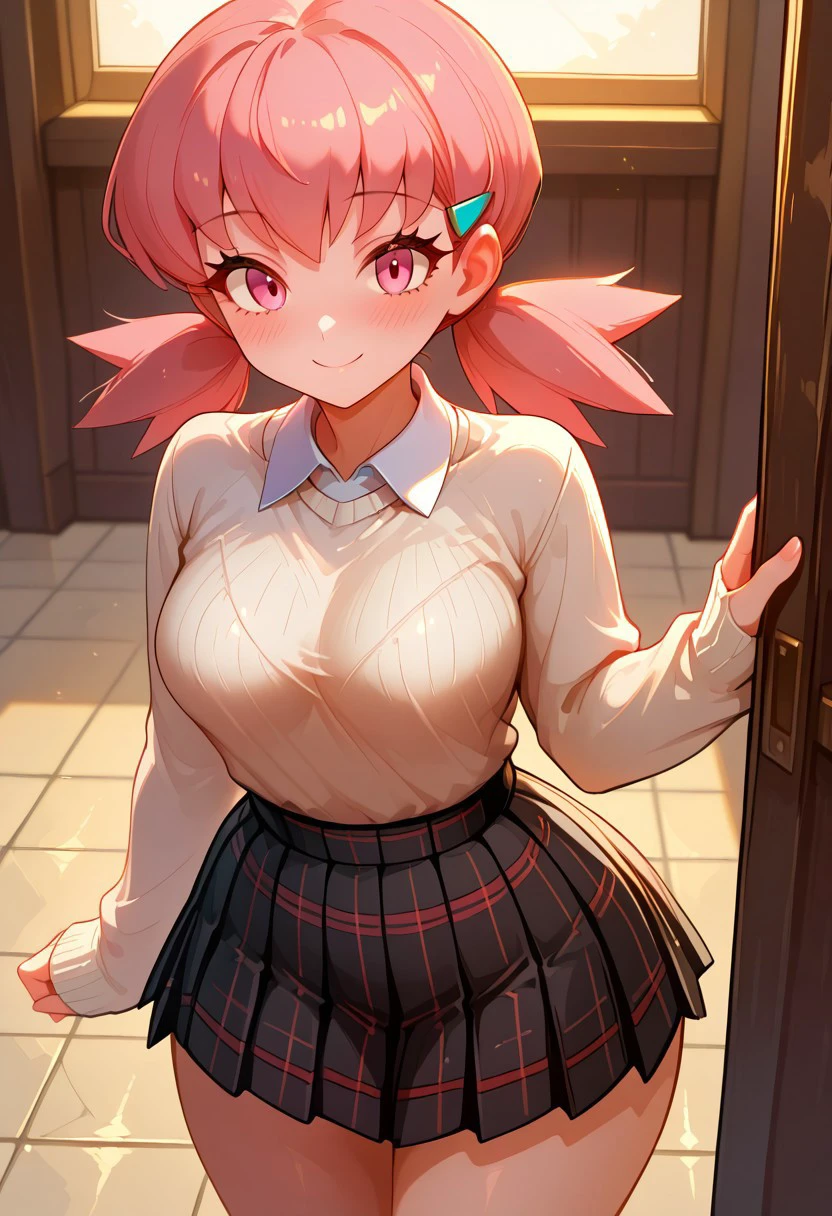 masterpiece, best quality, 32k, high resolution, absurdres, medium breasts, (curvy), cute, eyelashes, vivid colors, BREAK  ,,, <lora:WhitneyPokemonIXL:1.0>, zzWhitney, pink eyes, pink hair, pigtails, hair clip,  ,,,,,,   closed mouth, alternate costume, smile, looking at viewer, collared shirt, blush, sweater, black skirt, eyelashes, long sleeves, sleeves past wrists, plaid skirt, blurry, tile floor, pleated skirt, white shirt, cowboy shot, , <lora:princess_xl_v2:0.3>, freebos_smoothiestyle