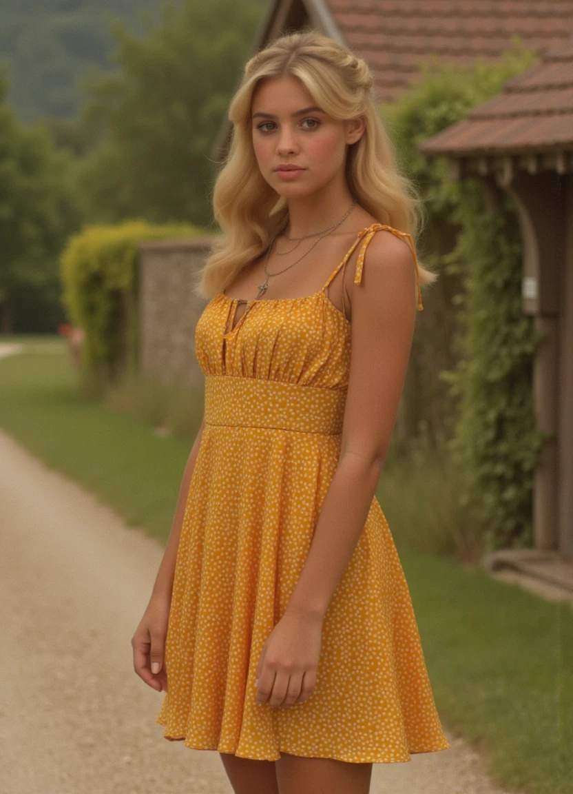 full body 8k cinematic photo of a young woman with white-blonde hair wearing a short yellow sundress with tiny white polka-dots, yellowsundress, bare legs, standing standing on a road in a medieval village