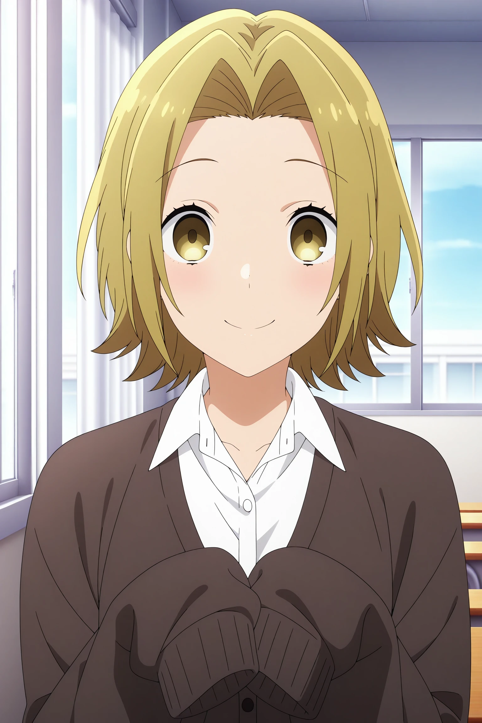 masterpiece, best quality, amazing quality, highres, absurdres, very aesthetic, high resolution, ultra detailed, perfect details, 1girl, solo, indoors, day, classroom, yoshikawa yuki, blonde hair, short hair, curtained hair, yellow eyes, long sleeves, white shirt, collared shirt, brown cardigan, sleeves past fingers, black skirt, pleated skirt, black socks, kneehighs, loafers, <lora:Yuki_Yoshikawa_ILXL:0.8>, (aged up:1.3), looking at viewer, (upper body:1.2), smile, anime screencap