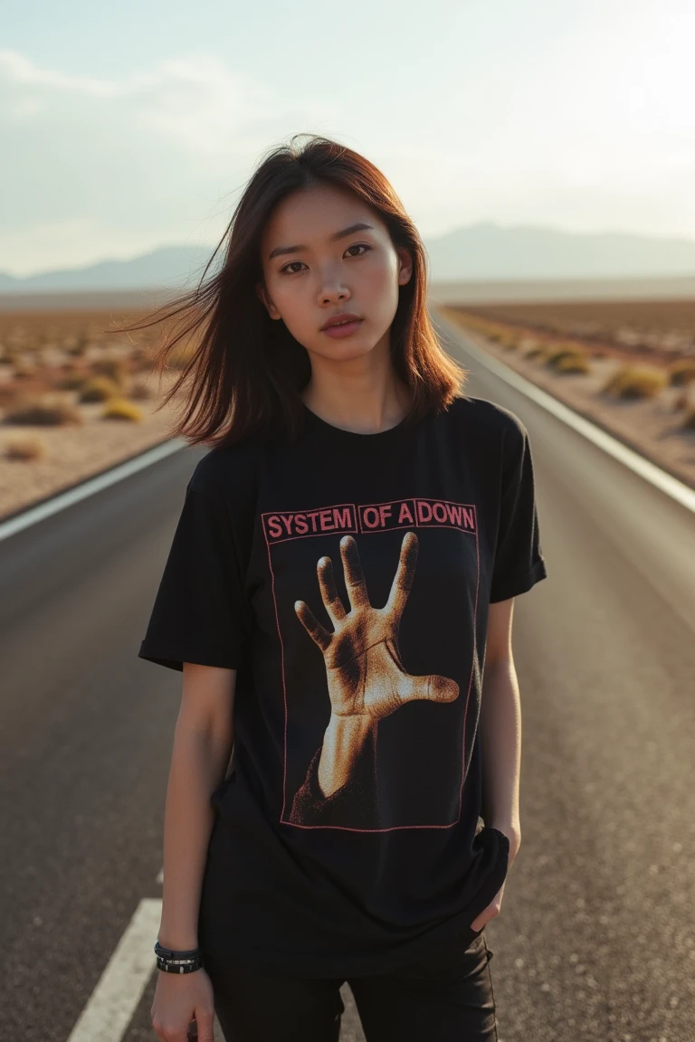 A beautiful Chinese woman with striking features, wearing a System of a Down rock t-shirt, stands on a lonely road surrounded by vast, open landscapes. The shot is framed wide, capturing her in a contemplative pose, gazing into the distance. The lighting is soft and diffused, with the sun casting long shadows across the road, enhancing the sense of solitude. The composition emphasizes her as the central figure, with the endless road stretching into the horizon, creating a mood of introspection and freedom. The atmosphere is serene yet evocative, blending her edgy rock-inspired style with the timeless beauty of the natural surroundings.