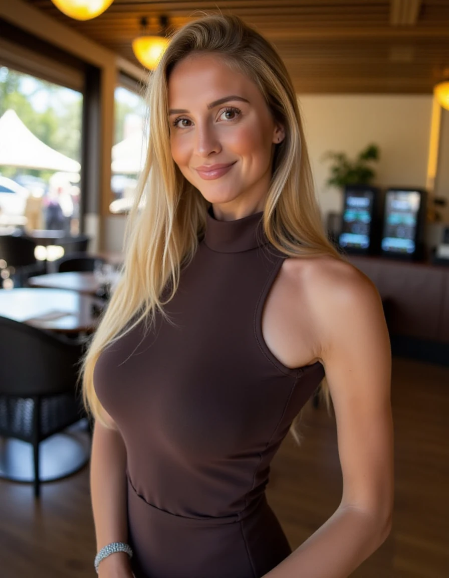 This is a high-resolution photograph featuring a woman with long blonde hair wearing a sleeveless turtleneck dress standing in a cafe smiling at the viewer <lora:Maria Arreghini:1>