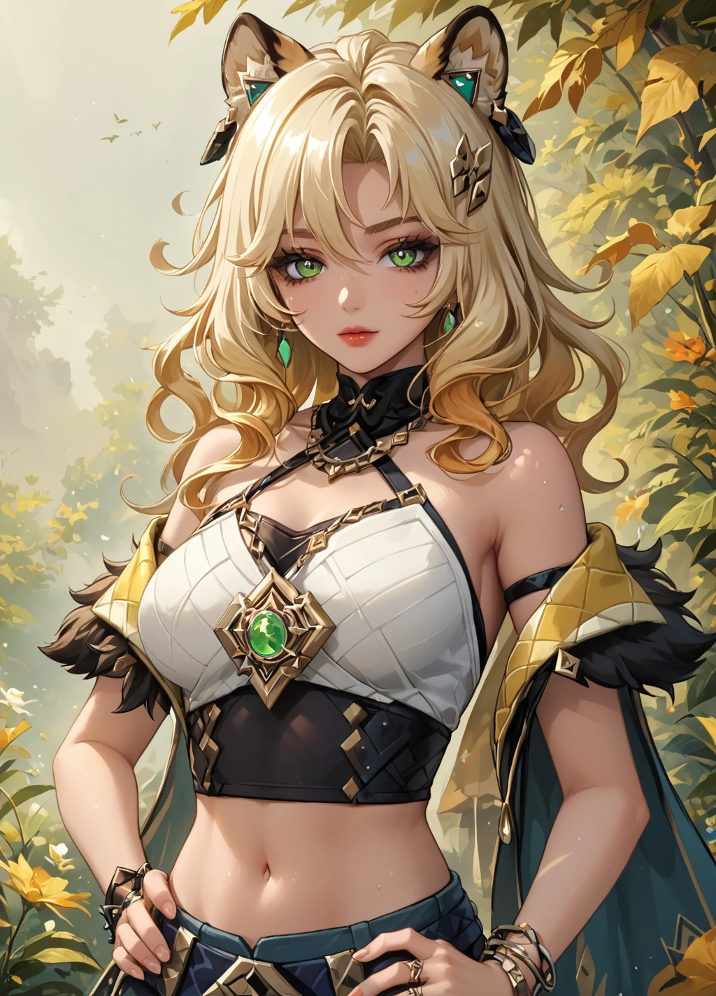 1girl, xilonen (genshin inpact), xilonen, (official mihoyo), (genshin inpact), green symbol eyes, tiger tail, crop top, off shoulder cropped cape, <lora:XilonenPony:0.6>
looking at viewer, (hands on hip:1.3),