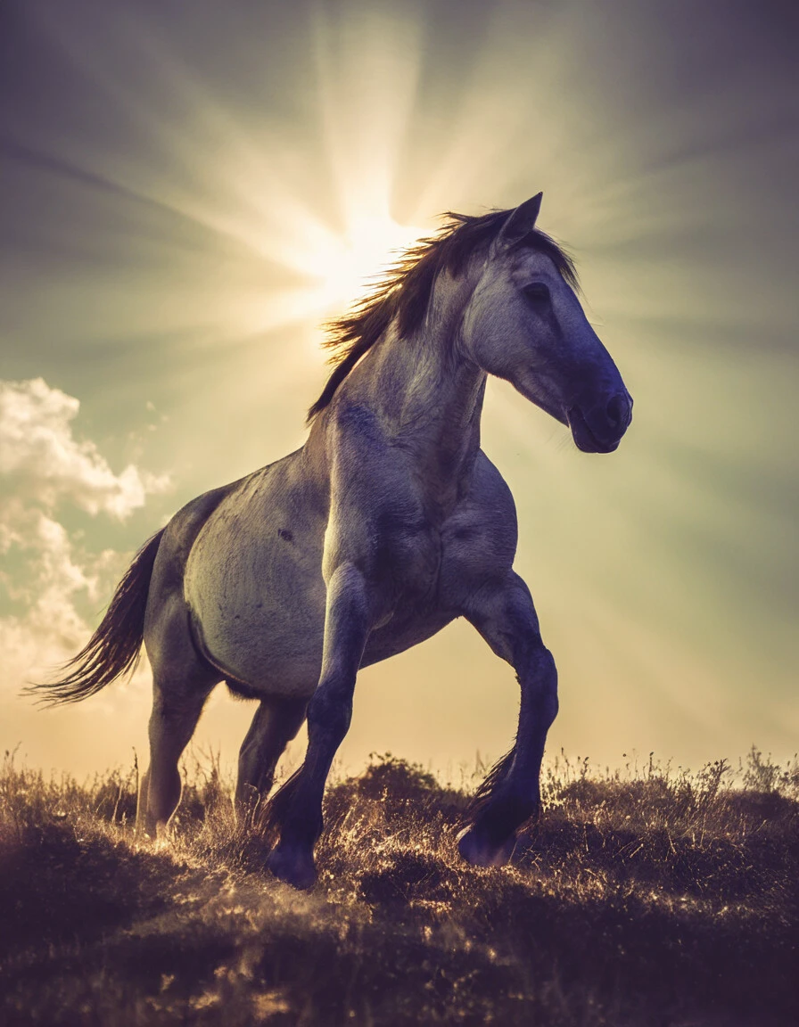 score_7_up, A stunning photograph of a horse trotting along a hilltop as the sun sets behind him, light rays streaming. The horse's fur is highly detailed. The golden background gives the image a surreal feel.