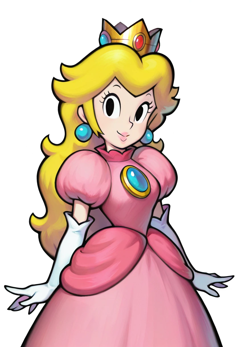 <lora:MarioLuigiStyle-IllusXL:1.1> masterpiece, absurdres, highres, 4k, watercolor, mario & luigi rpg, official art, 1girl, princess peach, nintendo, mario \(series\), solo, blonde hair, crown, black eyes, long hair, earrings, pink dress, puffy sleeves, jewelry, brooch, white elbow gloves, looking at viewer, smile, cowboy shot, white background