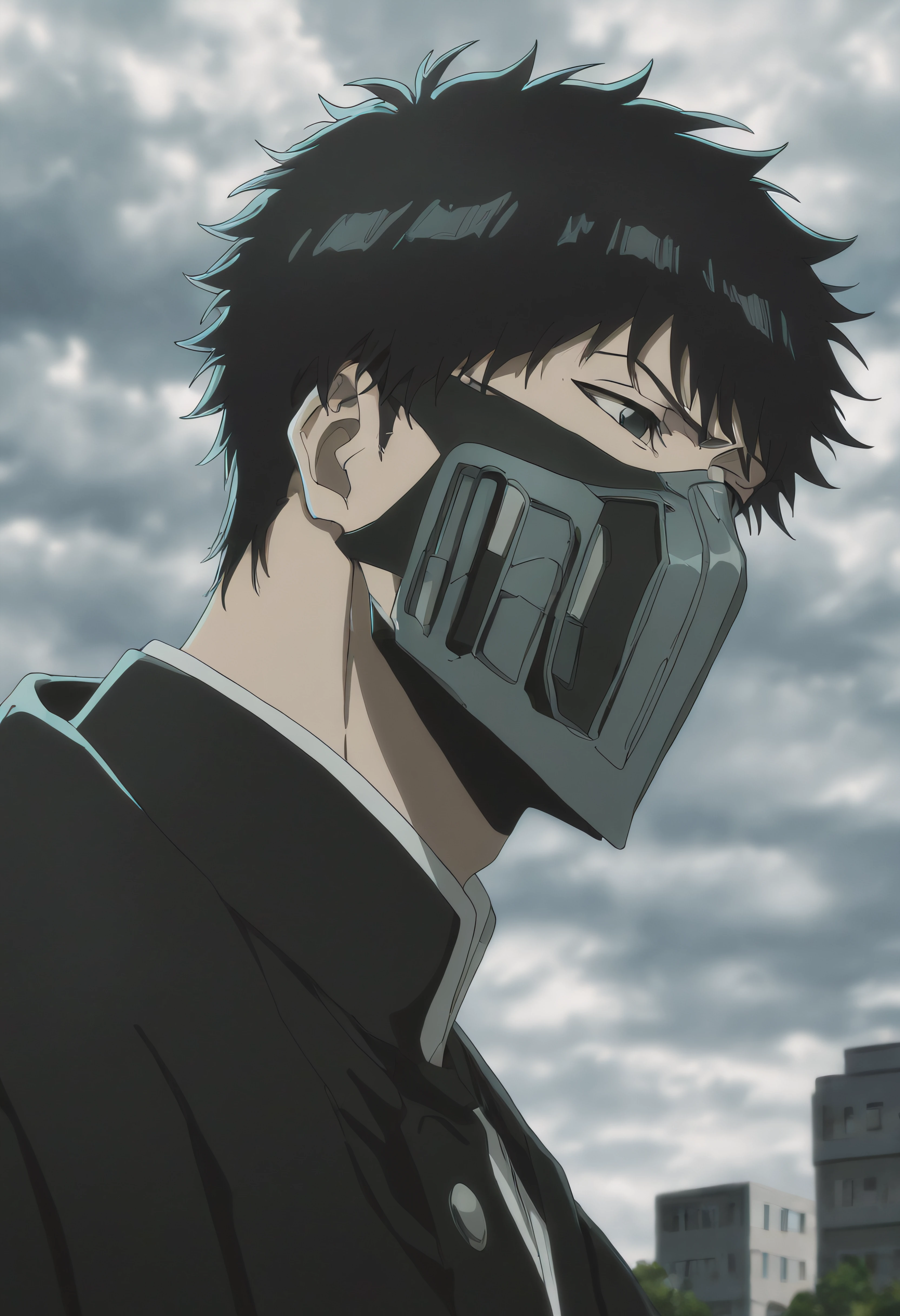 vslinxbleachtybw style, masterpiece, best quality, newest, absurdres, highres, safe, 1boy, as nodt, solo, black hair, outdoors, sky, cloud, mask, cloudy sky, building, mouth mask