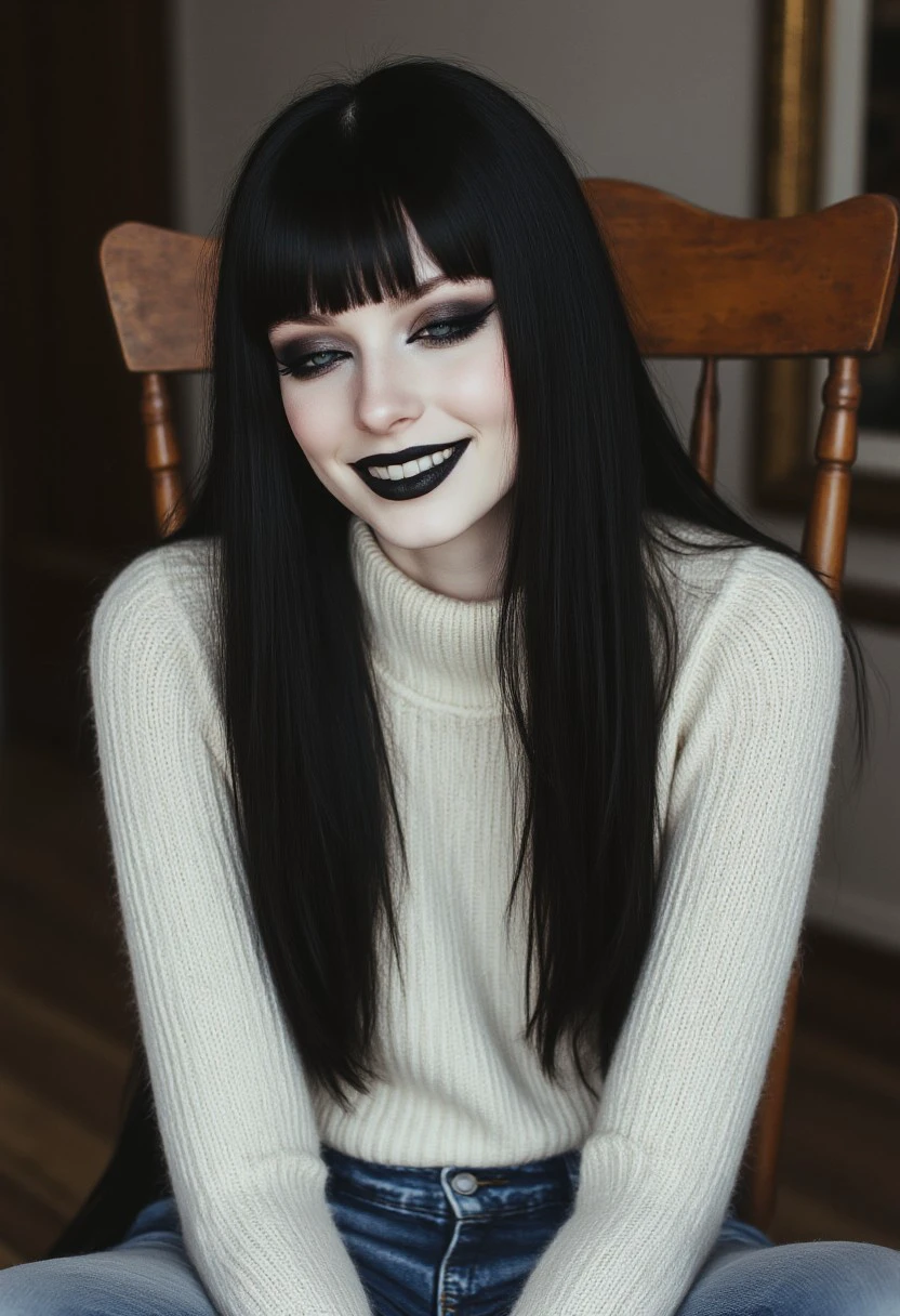FictionalCrystal, a goth girl with heavy black eye makeup and black lipstick. wearing a cozy white sweater and smiling softly, sitting in a wooden chair