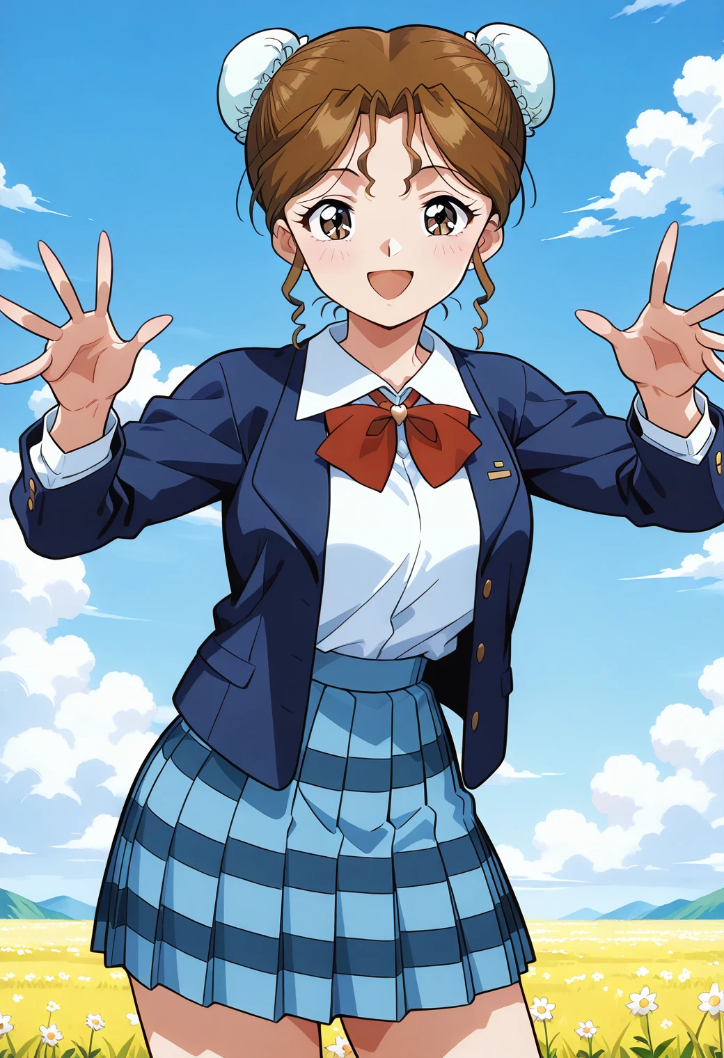 sr5_akira, retro artstyle, brown eyes, brown hair, bun cover, school uniform, red bowtie, blazer, long sleeves, blue jacket, open jacket, white shirt, collared shirt, blue skirt, plaid skirt, <lora:SR5_akira_illustrious_ver1:0.8>
smile,, masterpiece, best quality, general,, 1girl, solo, (field:1.2), (blue sky:1.2), looking at viewer,, (cowboy shot, dynamic pose:1.4),