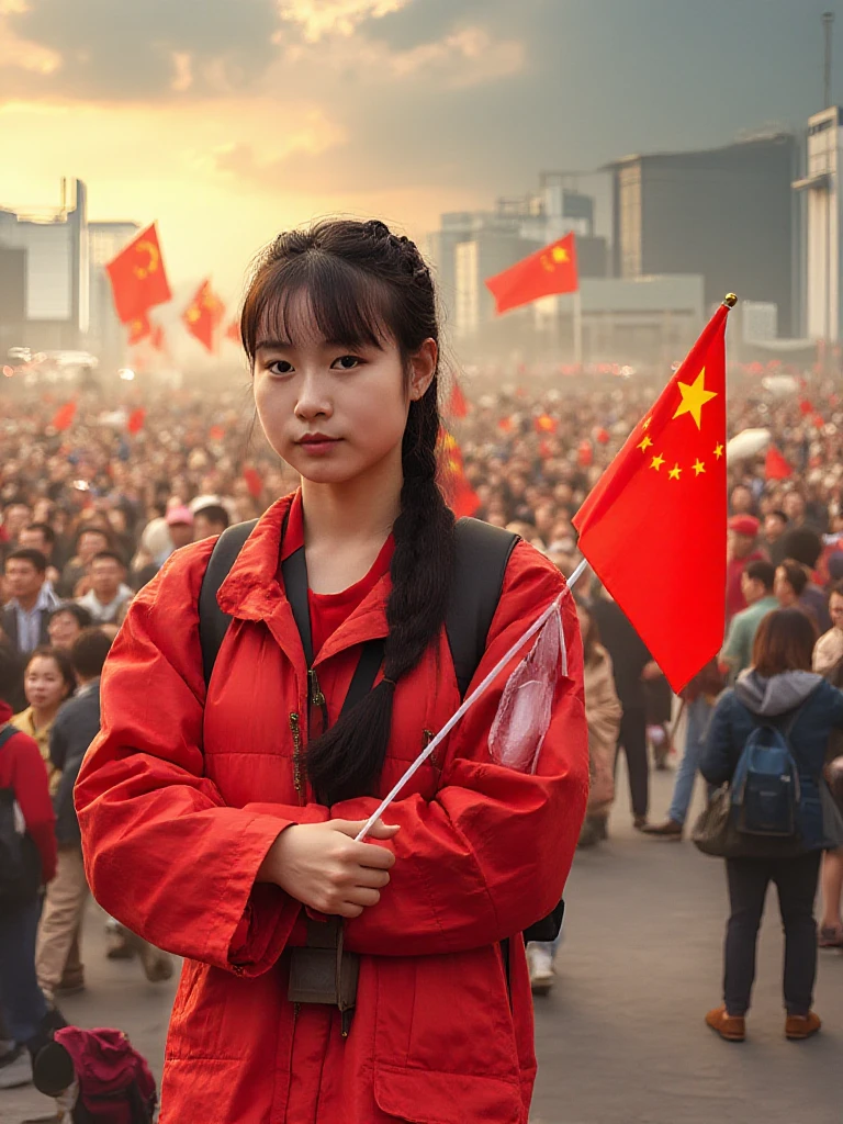 A Chinese girl is carrying the Indian flag