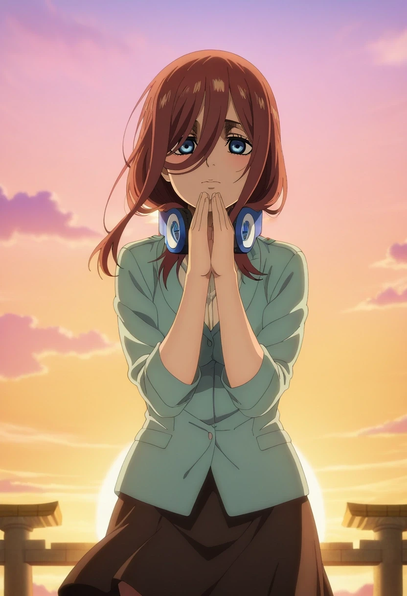 masterpiece, best quality, anime screencap, anime coloring, official style, , looking at viewer, 1girl, nakano miku, blue eyes, brown hair, solo, floating temple, cloud pillars, sky bridges, wind chimes, worship pose, serene expression, sunrise, <lora:shingeki_no_kyojin_s4_style_ilxl:1>, shingeki_no_kyojin_s4_style
