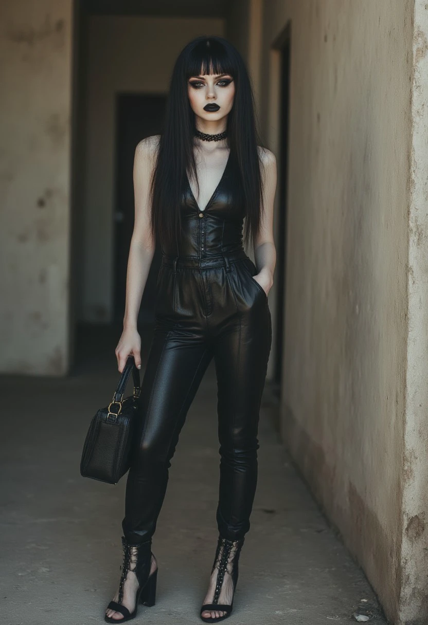 FictionalCrystal, a goth girl with heavy black eye makeup and black lipstick. wearing a leather jumpsuit, high heels and holding a ridingcrop