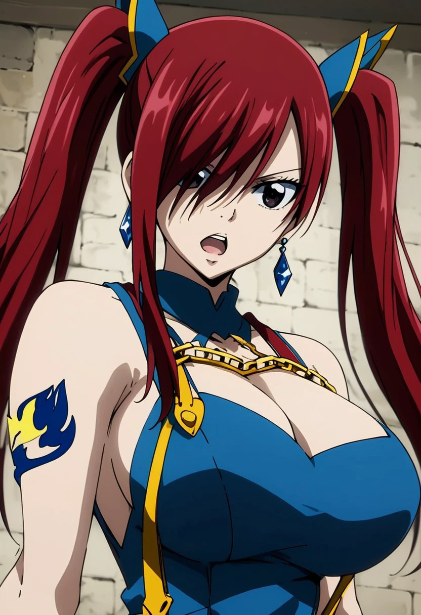 score_9, score_8_up, score_7_up, source_anime,
erzascarlet, <lora:erza-scarlet-ponyxl-lora-nochekaiser:1>
hair between eyes, open mouth, blue outfit (yellow outlines), golden chains, blue earrings, blue suspenders beit, seductive looks, twin ponytails hair, big breasts, standing, portrait