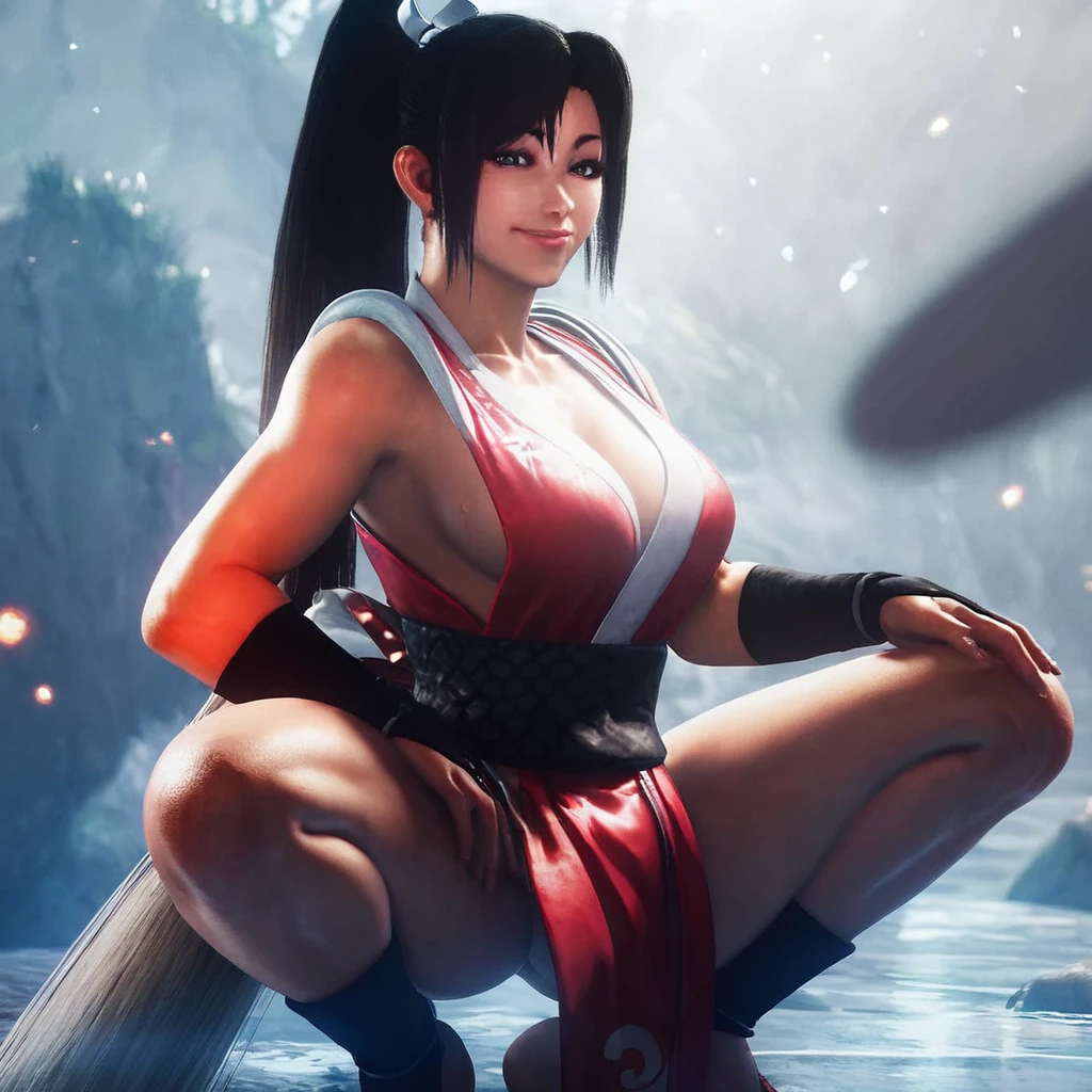 score_9, score_8_up, score_7_up, score_6_up, score_5_up, 1girl, m4i, bangs, long hair, ponytail, japanese clothes, pelvic curtain, large breasts, breasts, ninja, lips, squatting, smile, looking at viewer, <lora:mai_sf6:1>