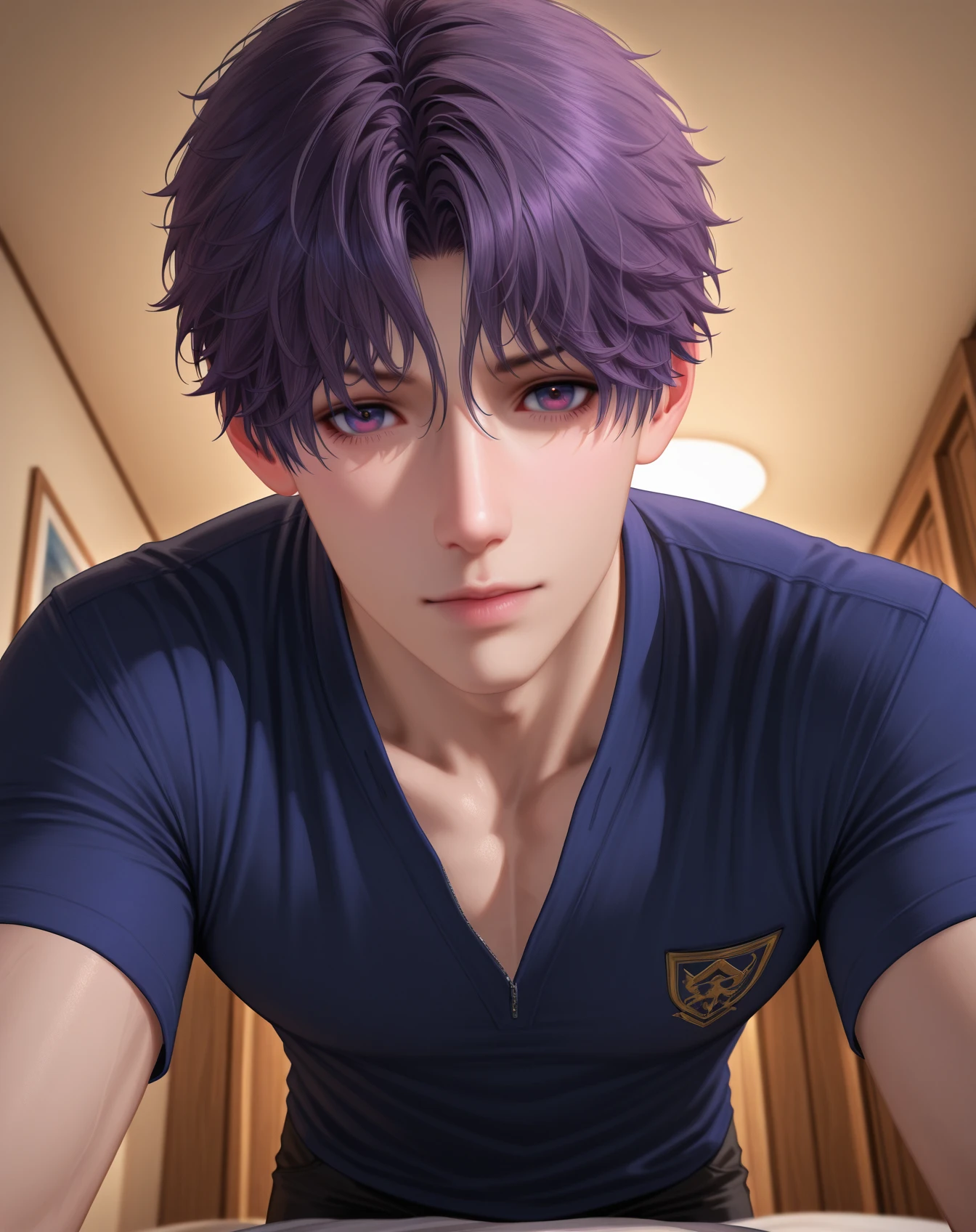 masterpiece, best quality, absurdres, very aesthetic, 
1boy, solo, yaoi, male focus, realistic, 
looking at viewer, cowboy shot, facing viewer,
 <lora:Rafayel_LnDS:1> lndsrafayel, purple hair, purple eyes, short hair, hair between eyes, 
indoors,