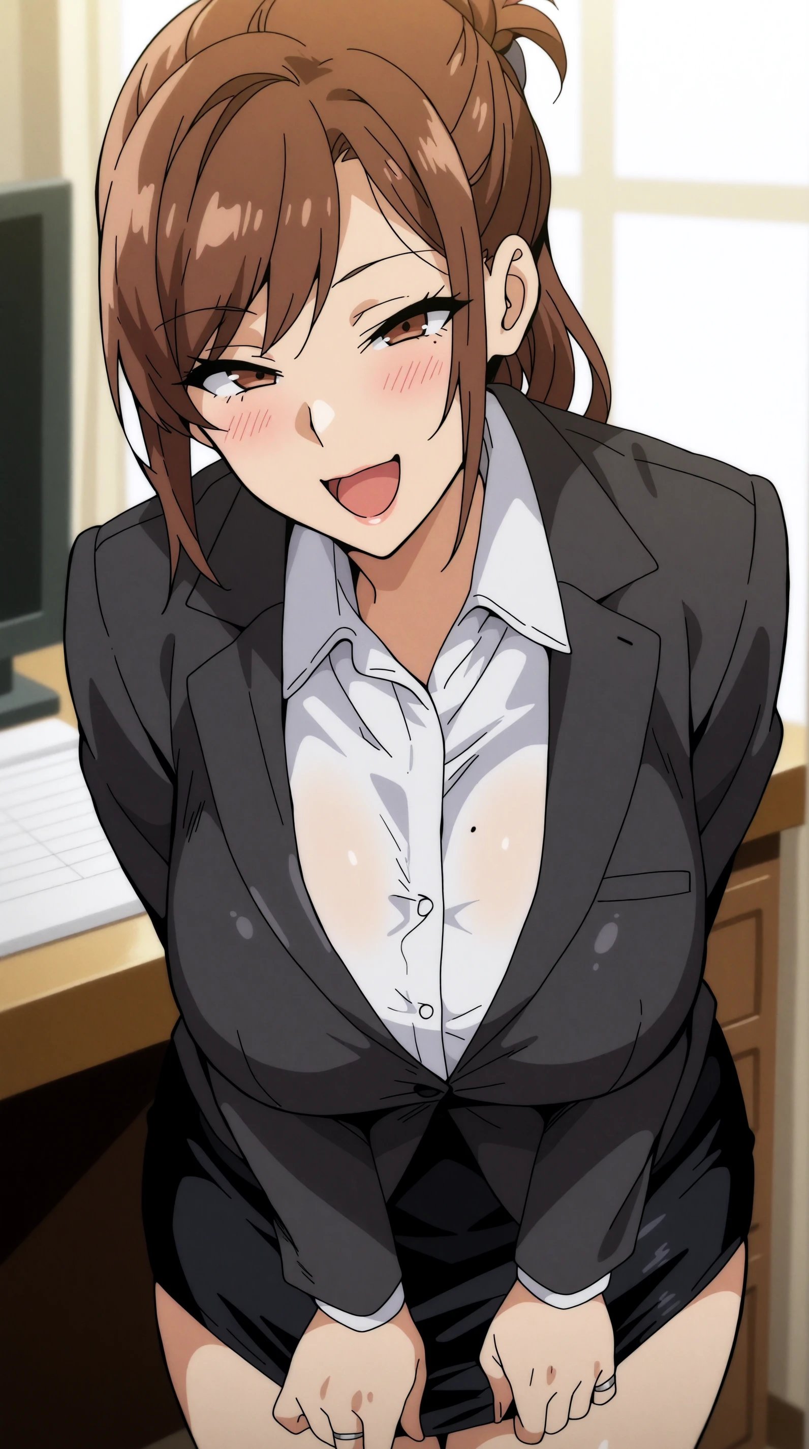 masterpiece, best quality, indoors, cinematic lighting, amazing quality, very aesthetic, absurdres, best quality, newest, year 2023,   Hisato Azuma, blush, smile, open mouth, shirt, skirt, jacket, white shirt, collared shirt, black skirt, miniskirt, mole, formal, suit, pencil skirt, mature female, wedding ring, office lady, skirt suit, skirt tug, horny, naughty face, perfect hand, solo,  <lora:JN_Hisato_Azuma_Illus:0.8>